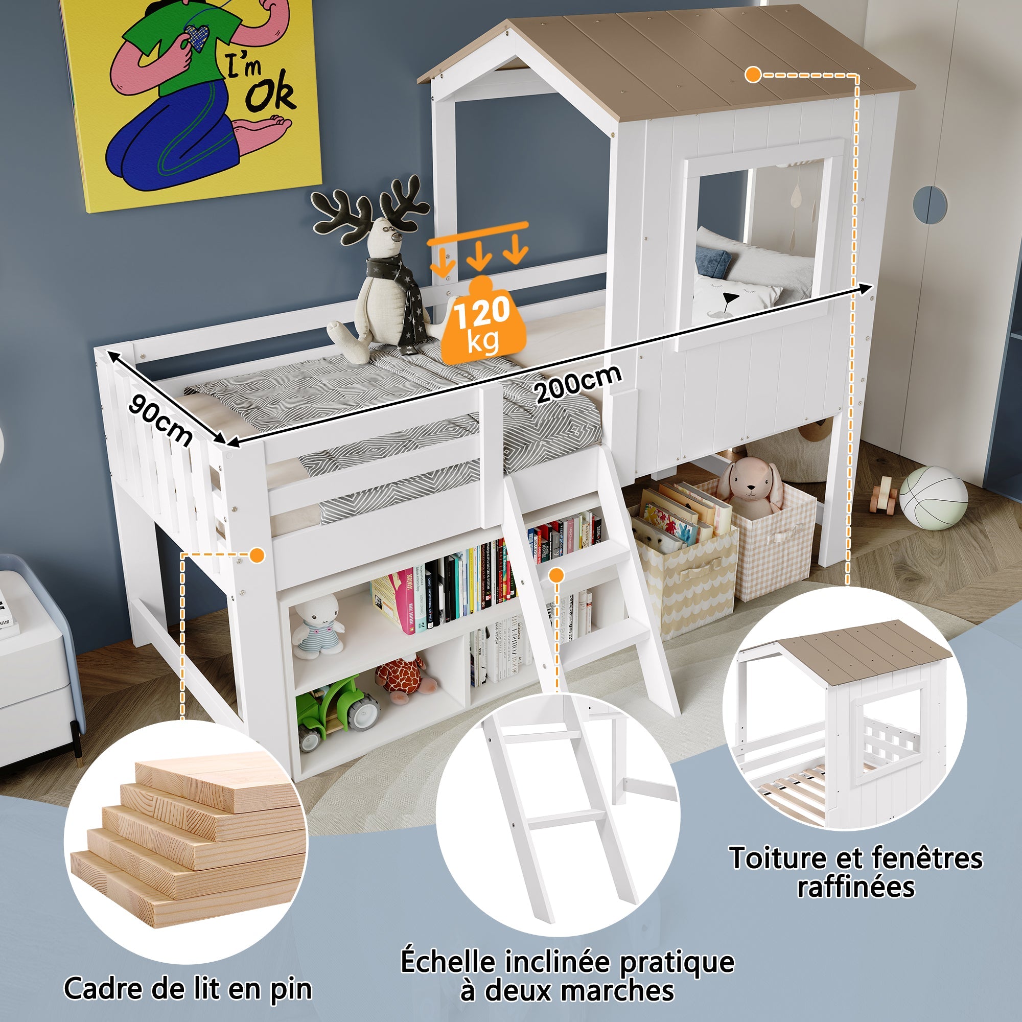 Children's Bed, Half-Height House Bed with Roof, Window & Stairs, White & Natural Wood