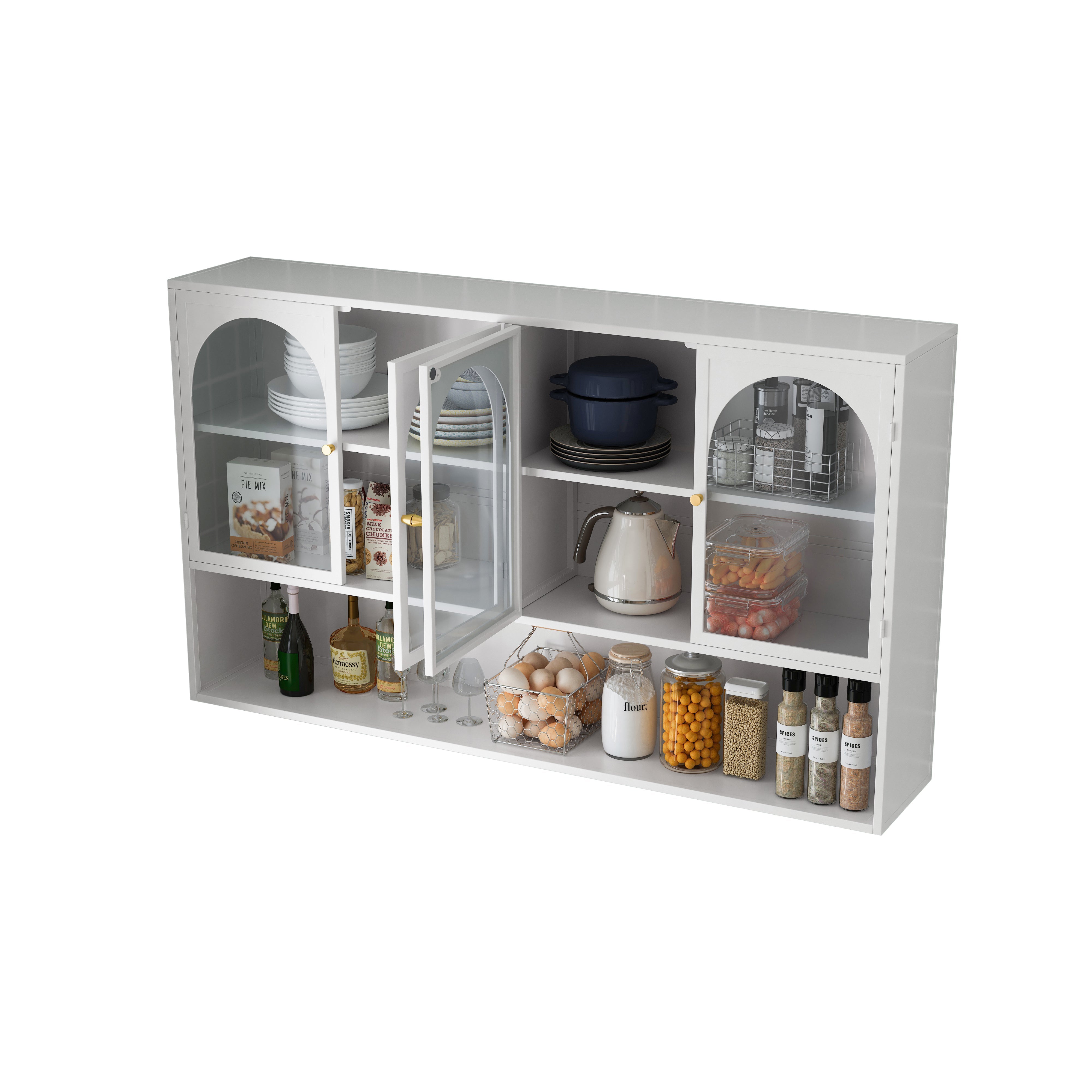Four-door Wall Cabinet, 120CM Glass Storage, White
