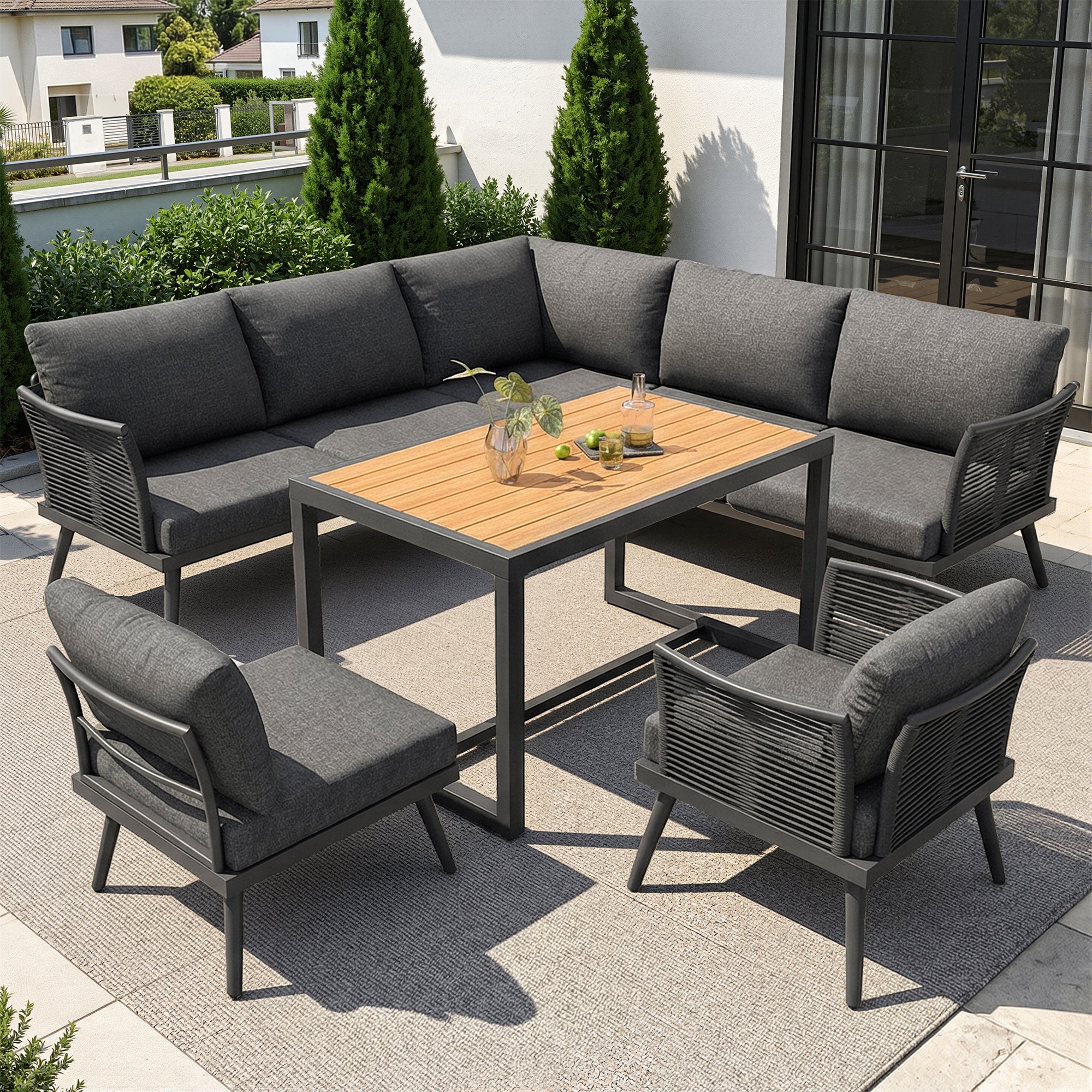 Seven-Seater L-Shaped Garden Sofa Set with Coffee Table and Armchair, Iron and Wood, Grey/Beige