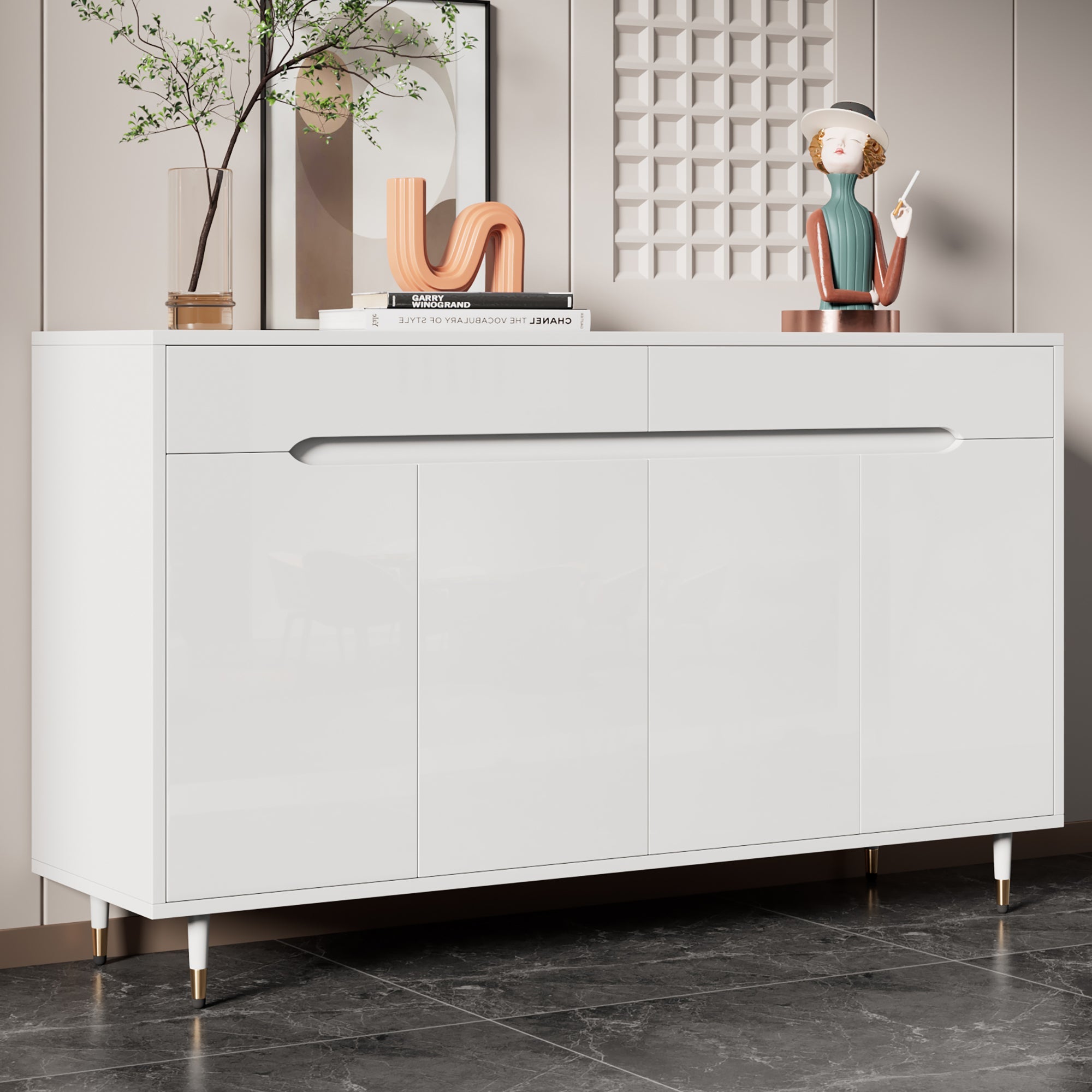 Modern Shoe Cabinet, 2 Doors 2 Drawers Adjustable Shelves, Gold Legs