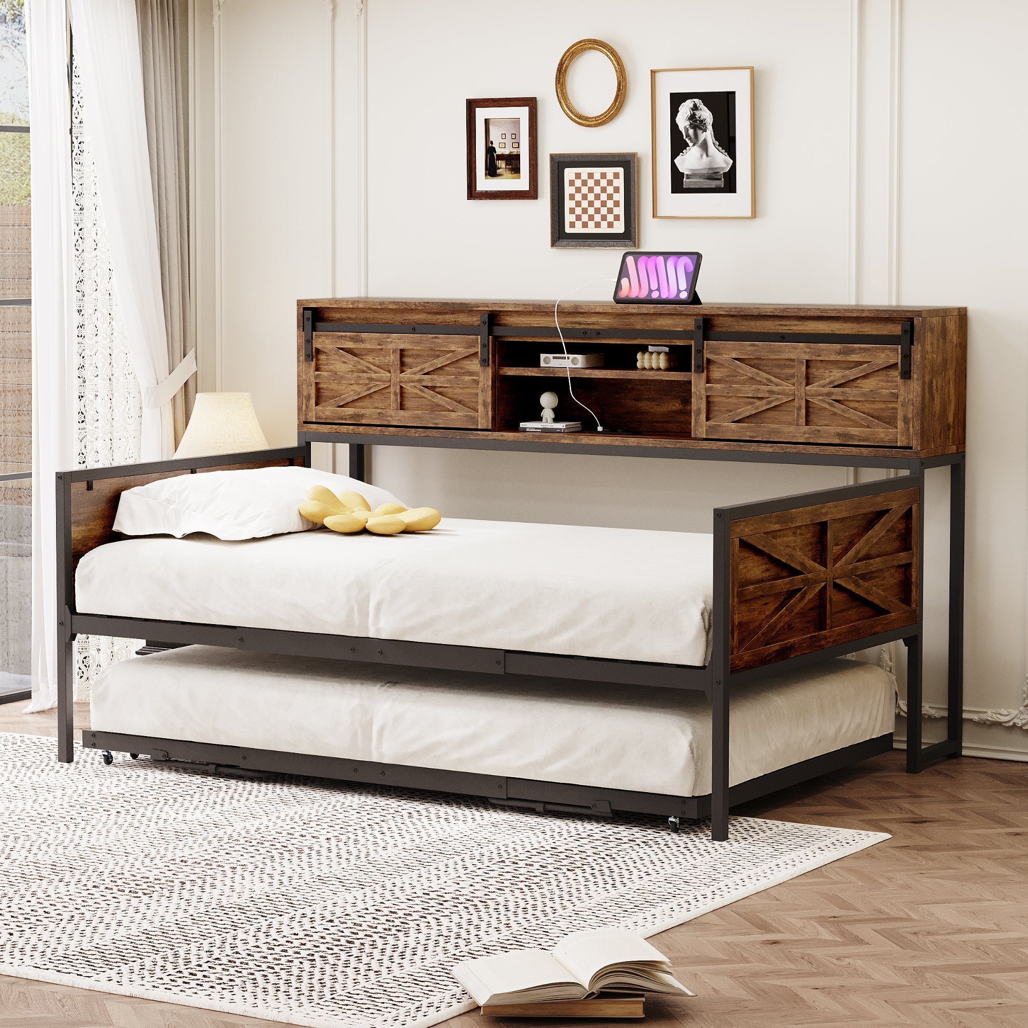 Sofa Bed, Pull-out with Storage & Sockets, Iron Black + Brown