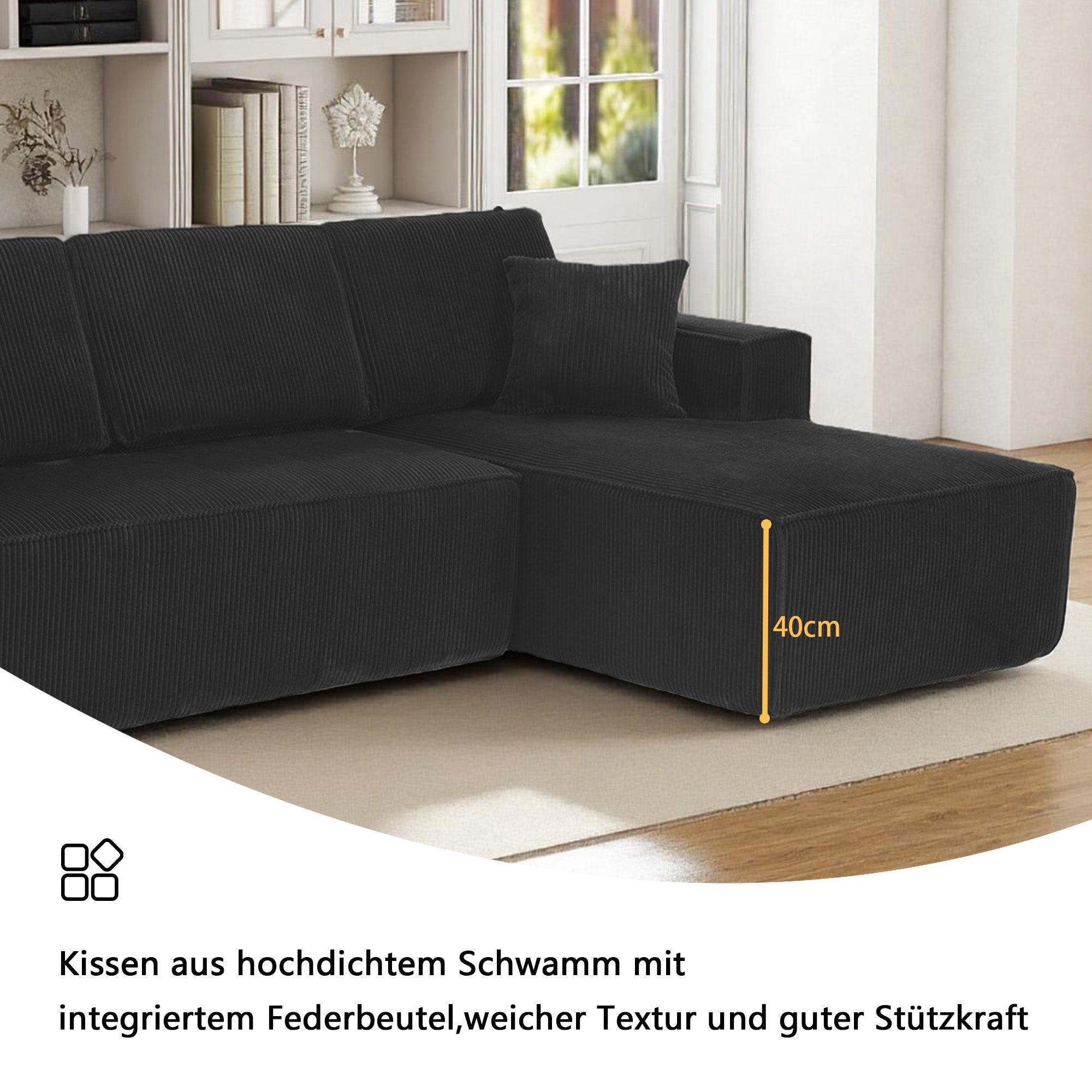 Modular Corner Sofa L-shaped Chaise Lounge High-Density Foam Corduroy Black
