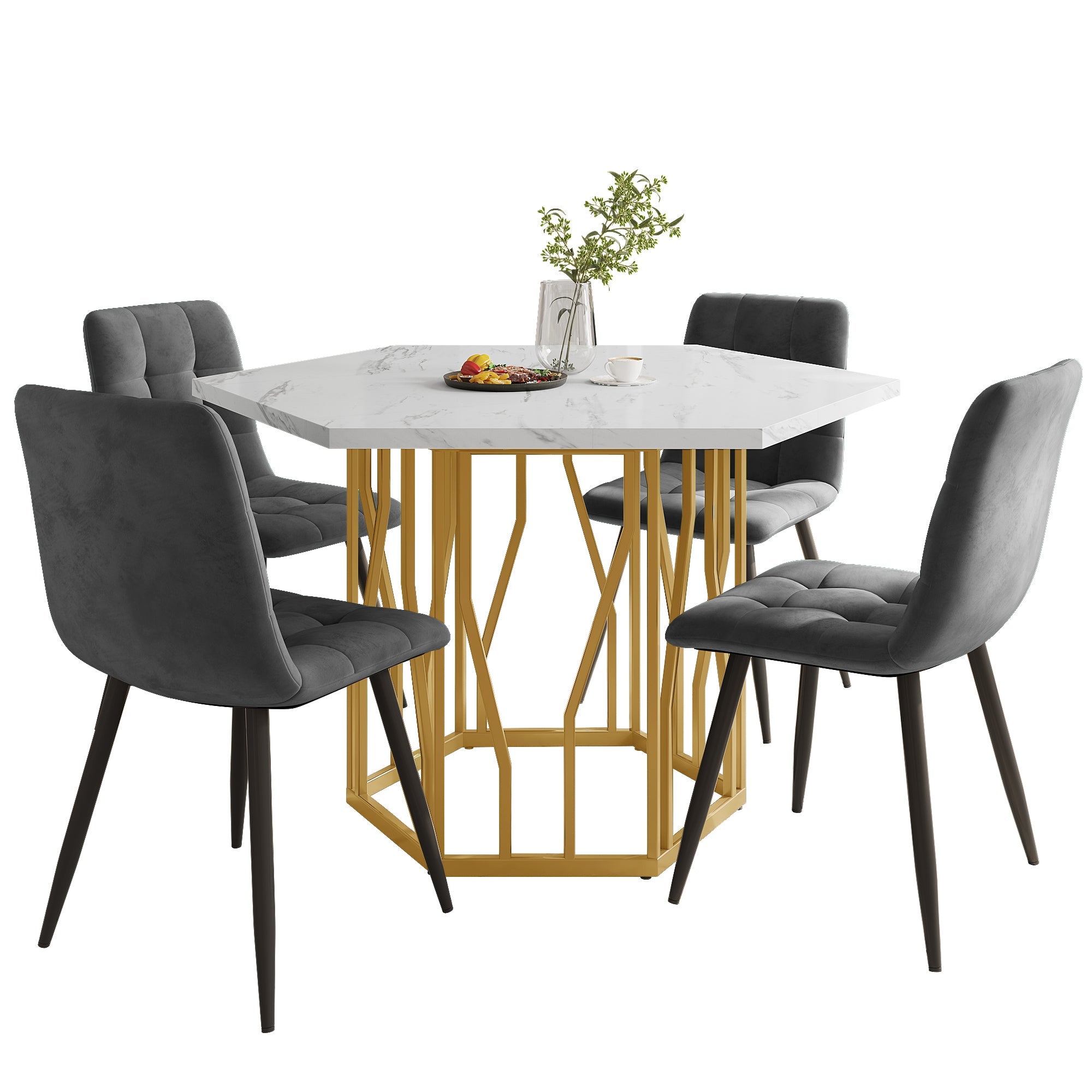 Dining Set 5-Piece Modern Hexagonal Marble Table 4 Grey Velvet Chairs Gold