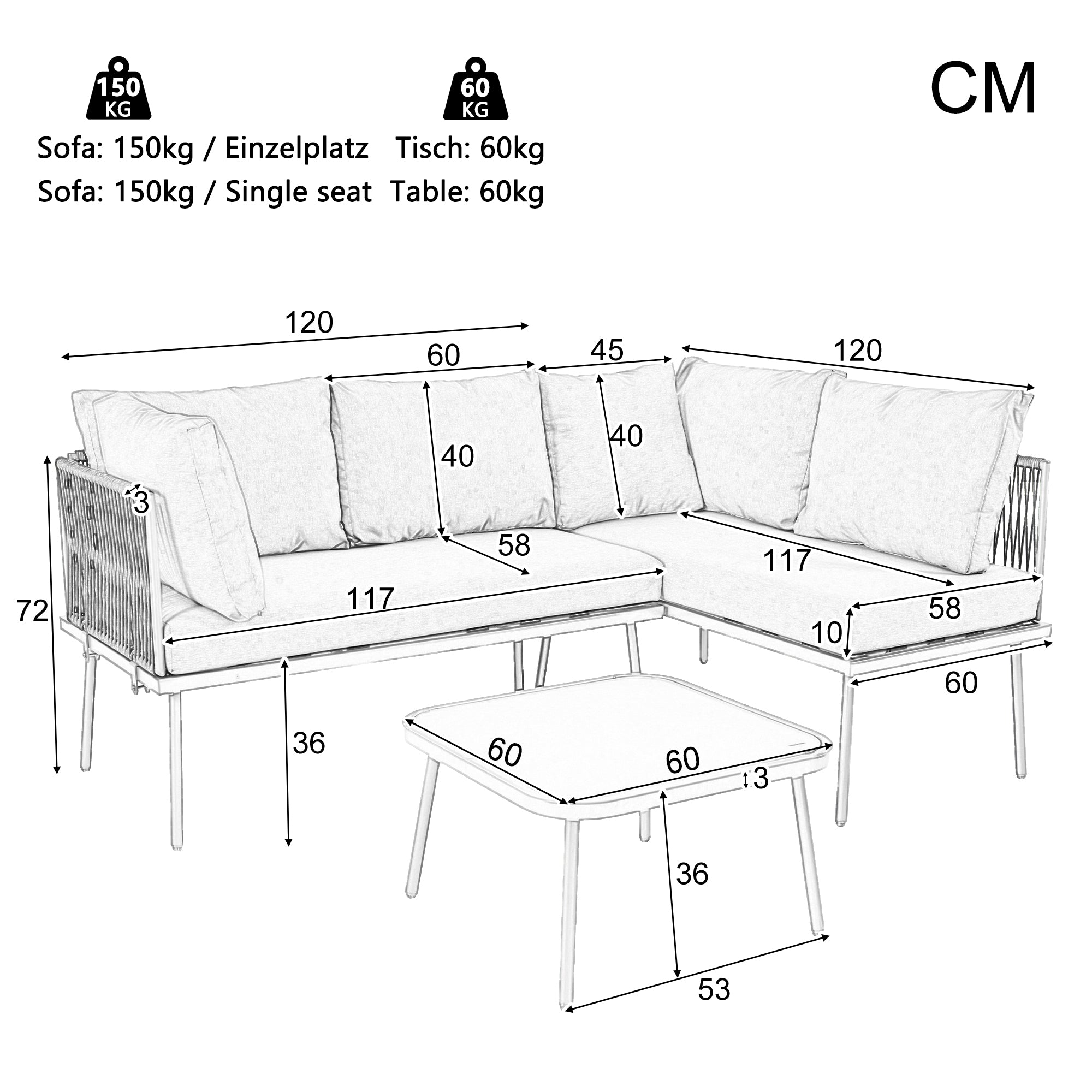 Modular Garden Furniture Set with Rocking Chairs, Corner Sofa and Side Table, Rope Weave