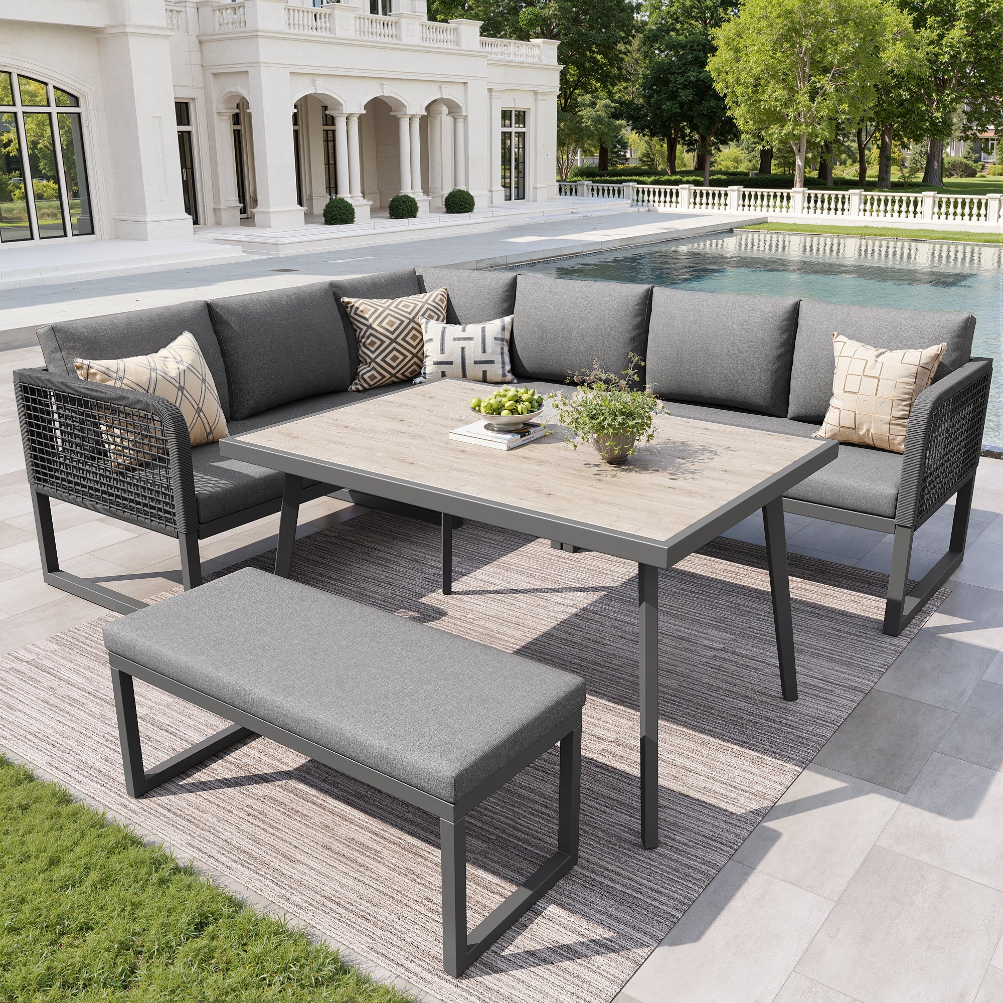 Patio Sofa Set 6-8 Seater Hand-Woven Rattan with Cushions - Grey
