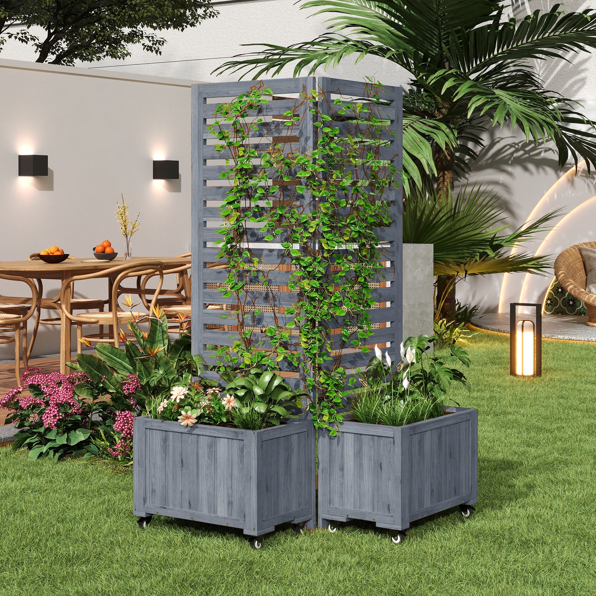 Outdoor Planter with Trellis and Universal Wheels, Grey Wood