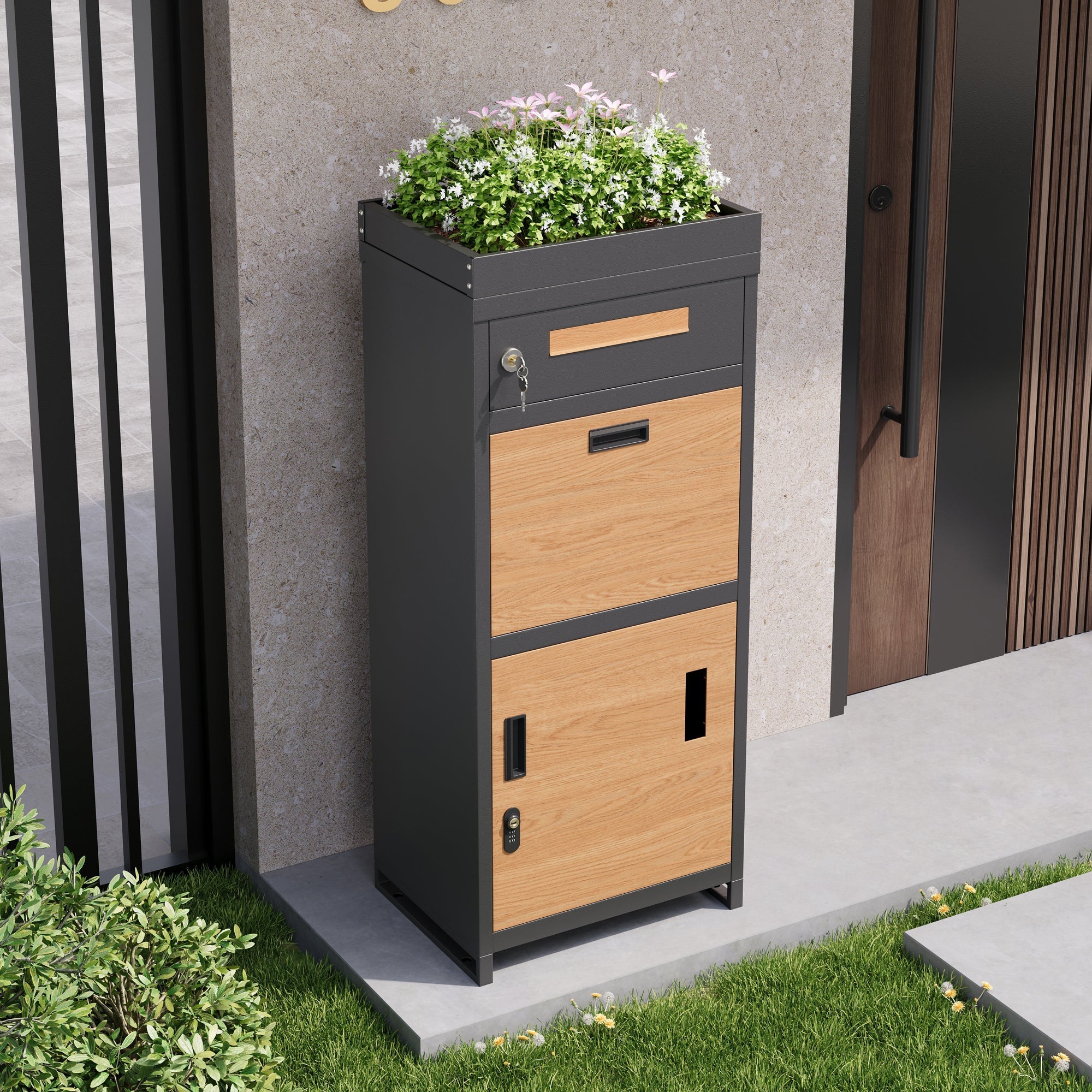 Parcel Mailbox with Combination Lock and Flower Bed, Integrated Lockable Storage Cabinet, Metal