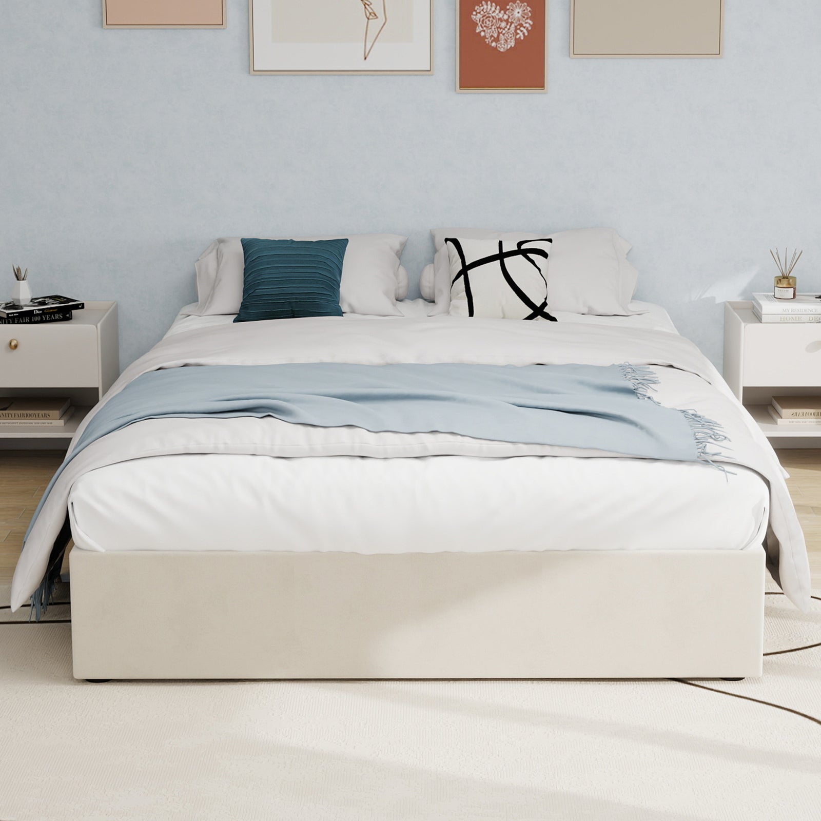 Bed Frame Modern Minimalist 160x200cm Gas Lift Storage - Beige Dutch Velvet