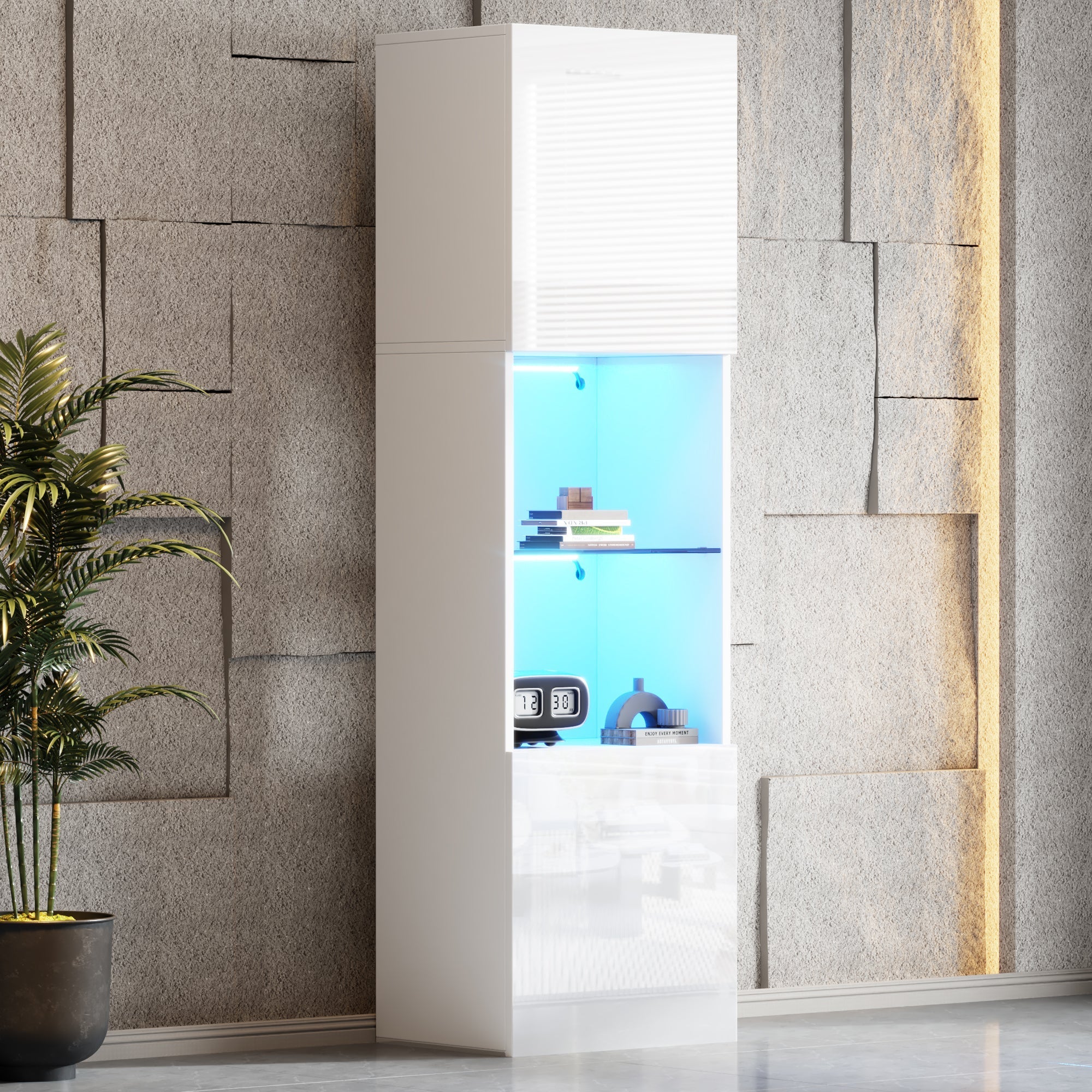 Display Cabinet with LED Lighting, 1 Glass Shelf, 45x35x160 cm, High-Gloss White