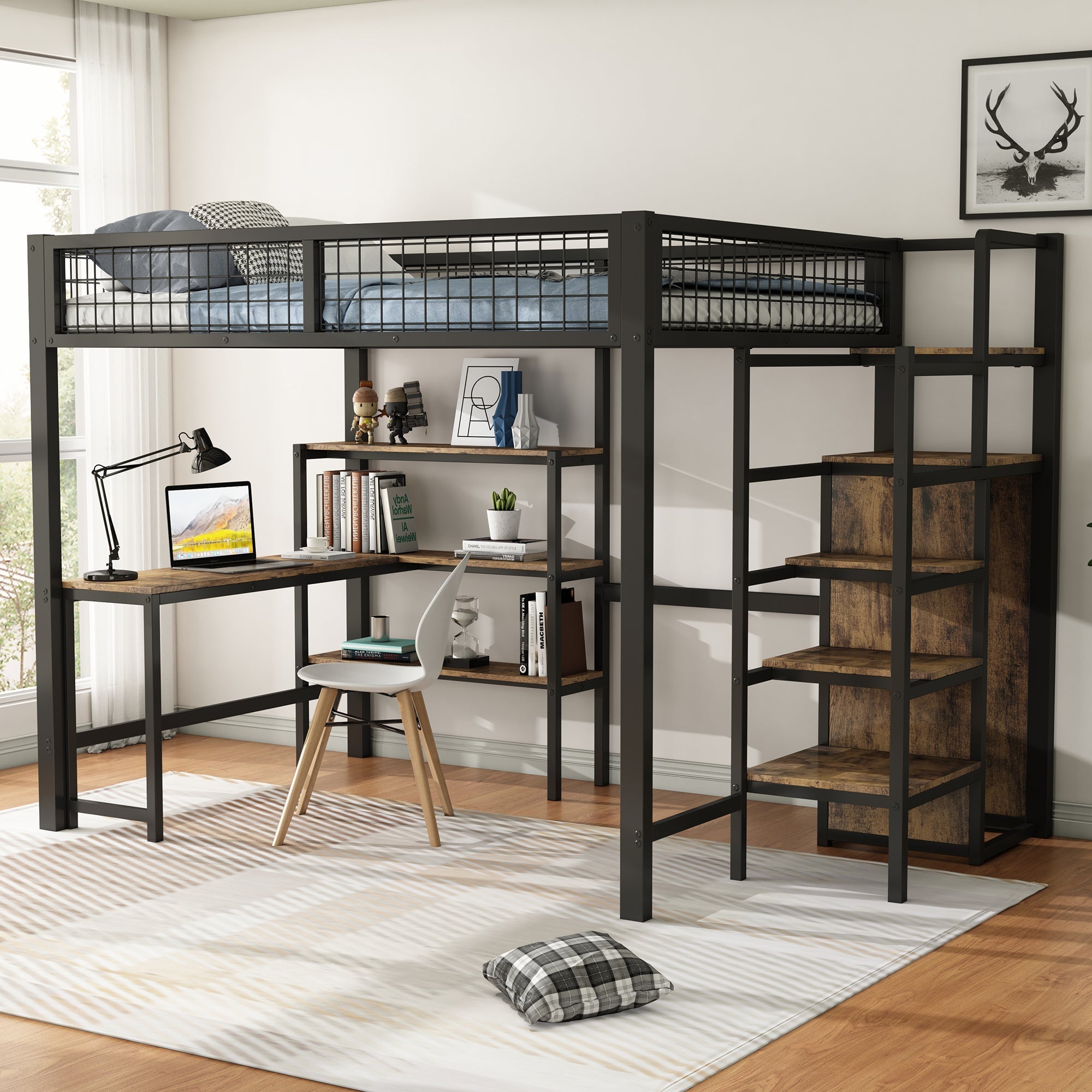 Loft Bed 140x200cm Iron Frame with Storage Ladder Shelves Wardrobe Desk Black