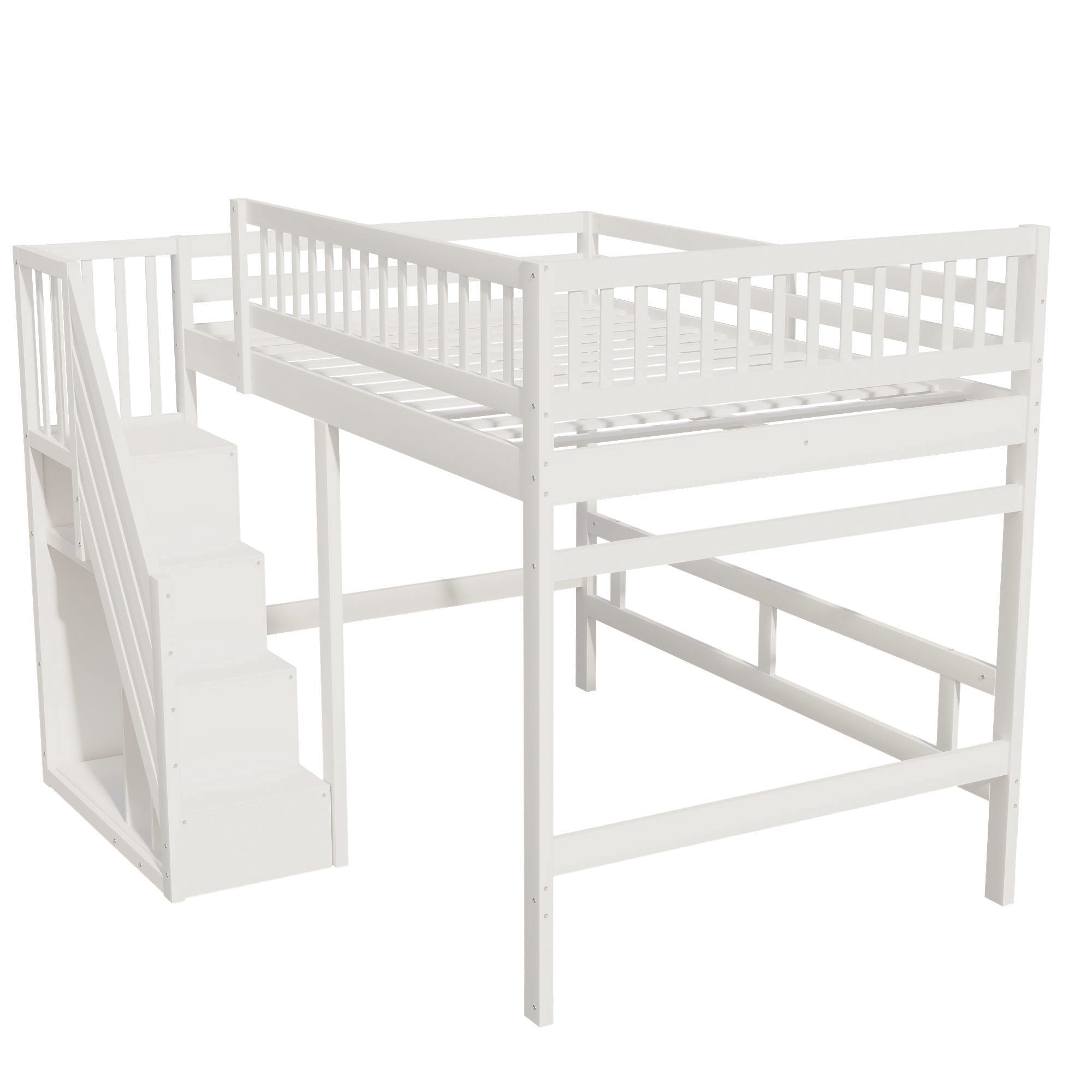 Solid Wood Bed, 140x200 with Stairs & Storage, High Railing, White