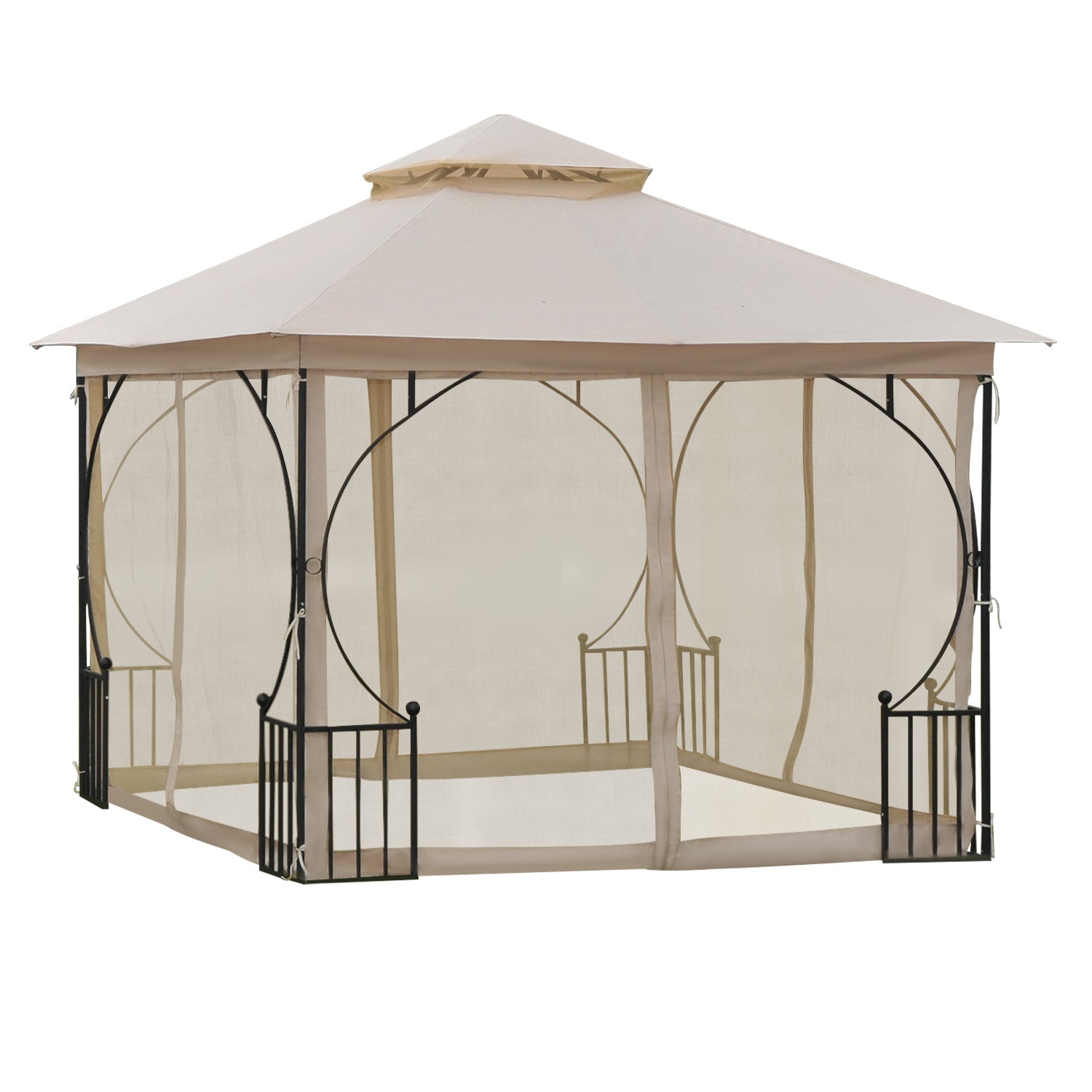 3x3m Garden Gazebo Double Tier Metal Frame Netting, Beige