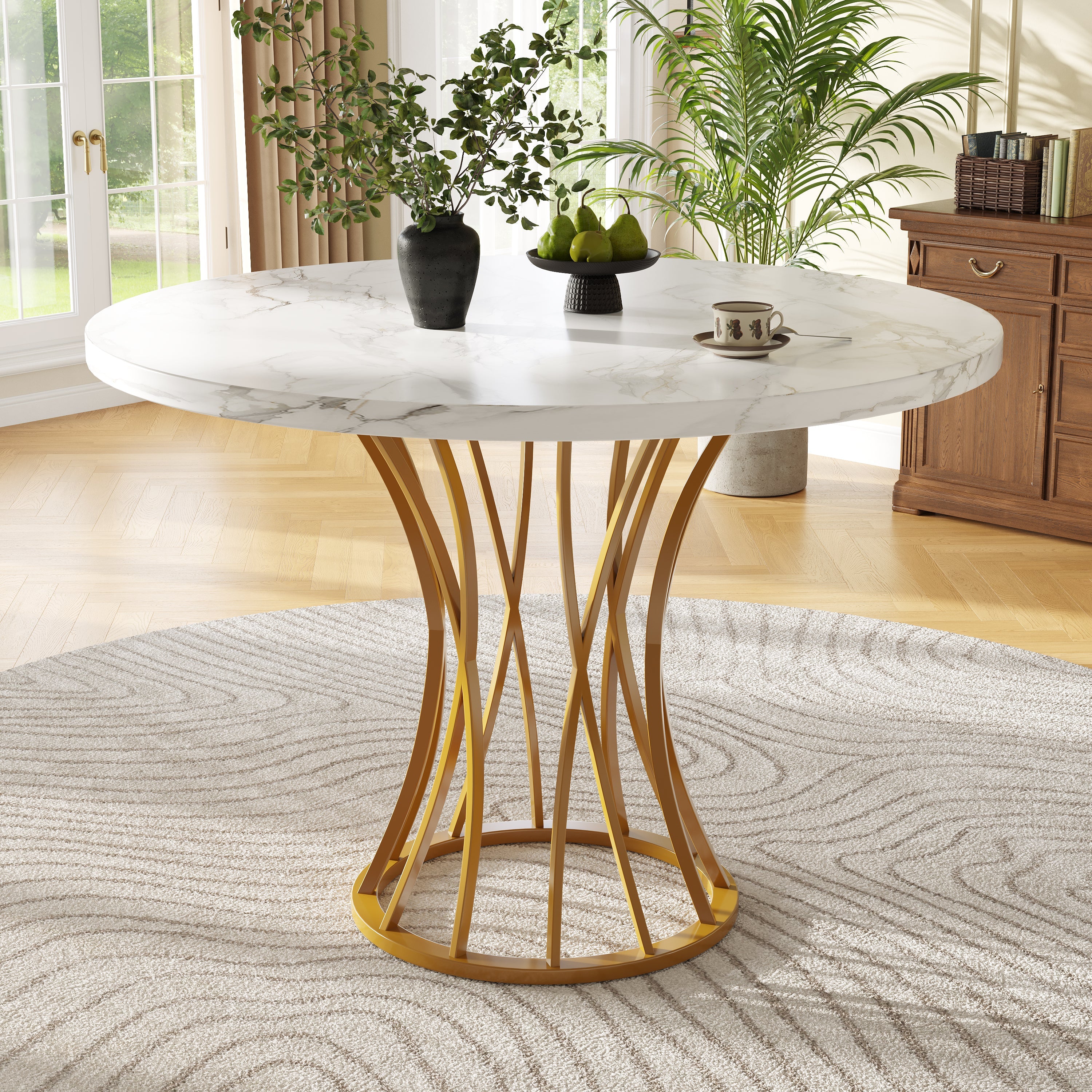 Round Dining Table 80cm 4-6 Seater Marbled Top - Gold Legs