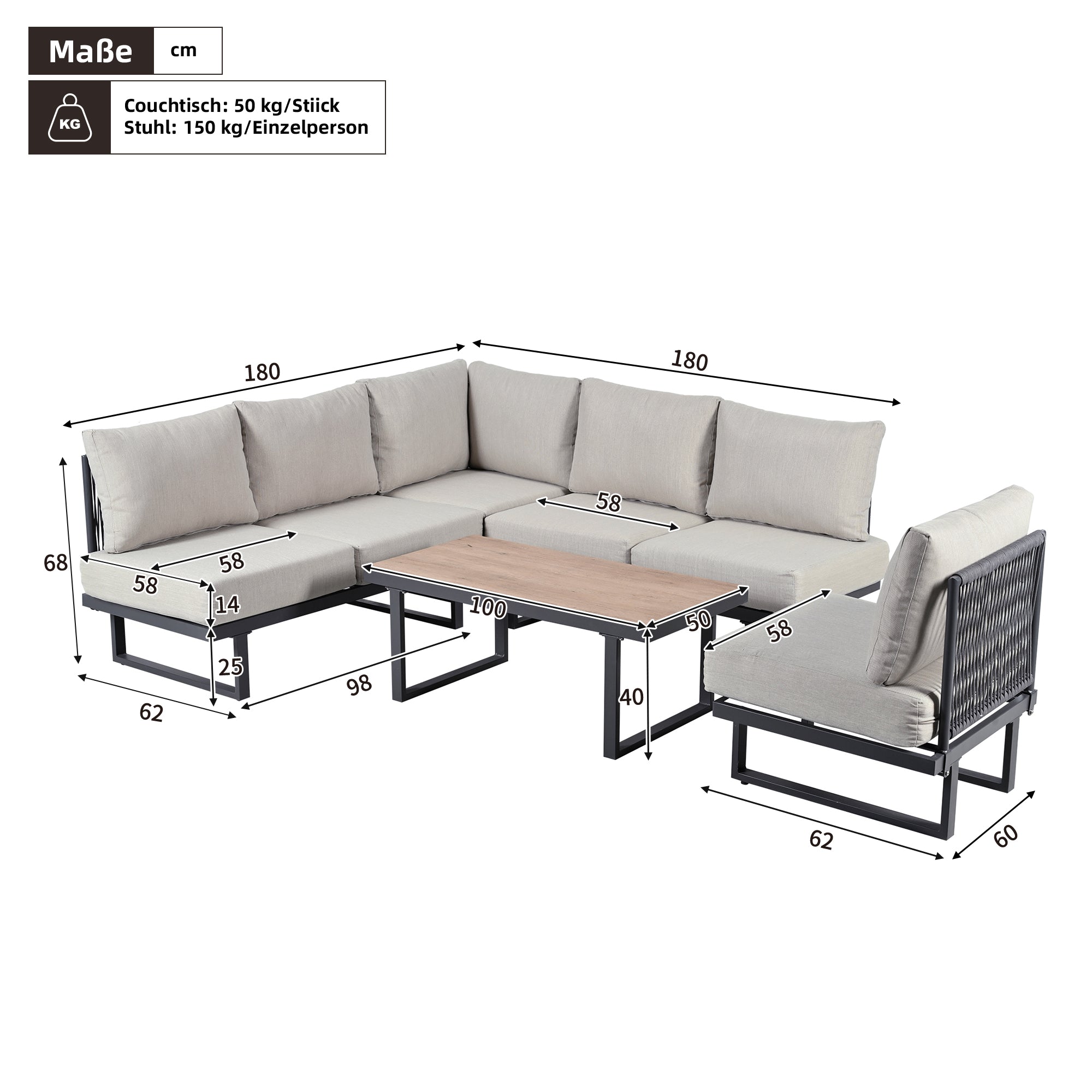 Garden Furniture Set with Convertible Daybed and Coffee Table, Galvanized Steel, Grey
