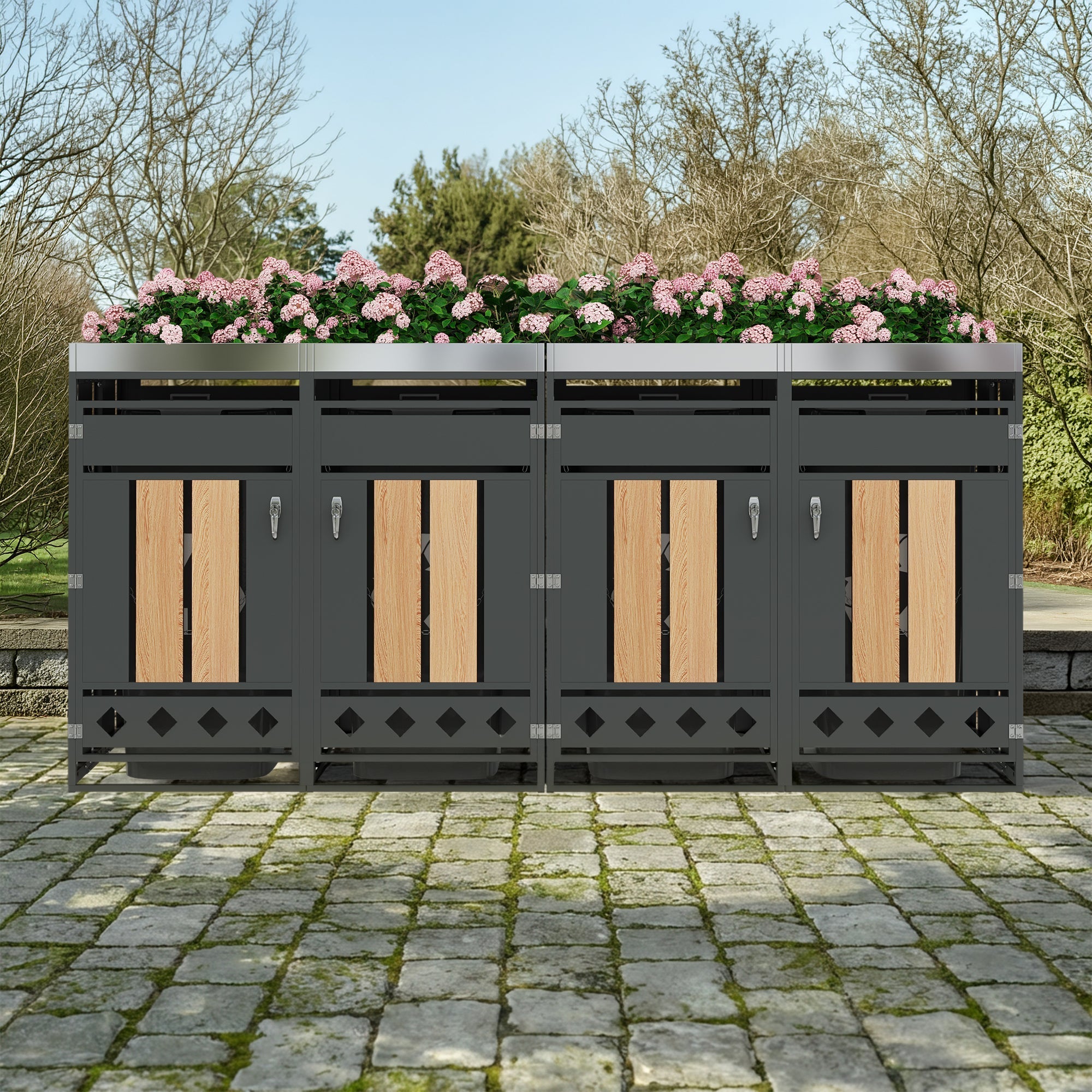Garbage Can Enclosure with Four Doors, Diamond-Shaped Ventilation and Planting Area, Wood Grain Finish