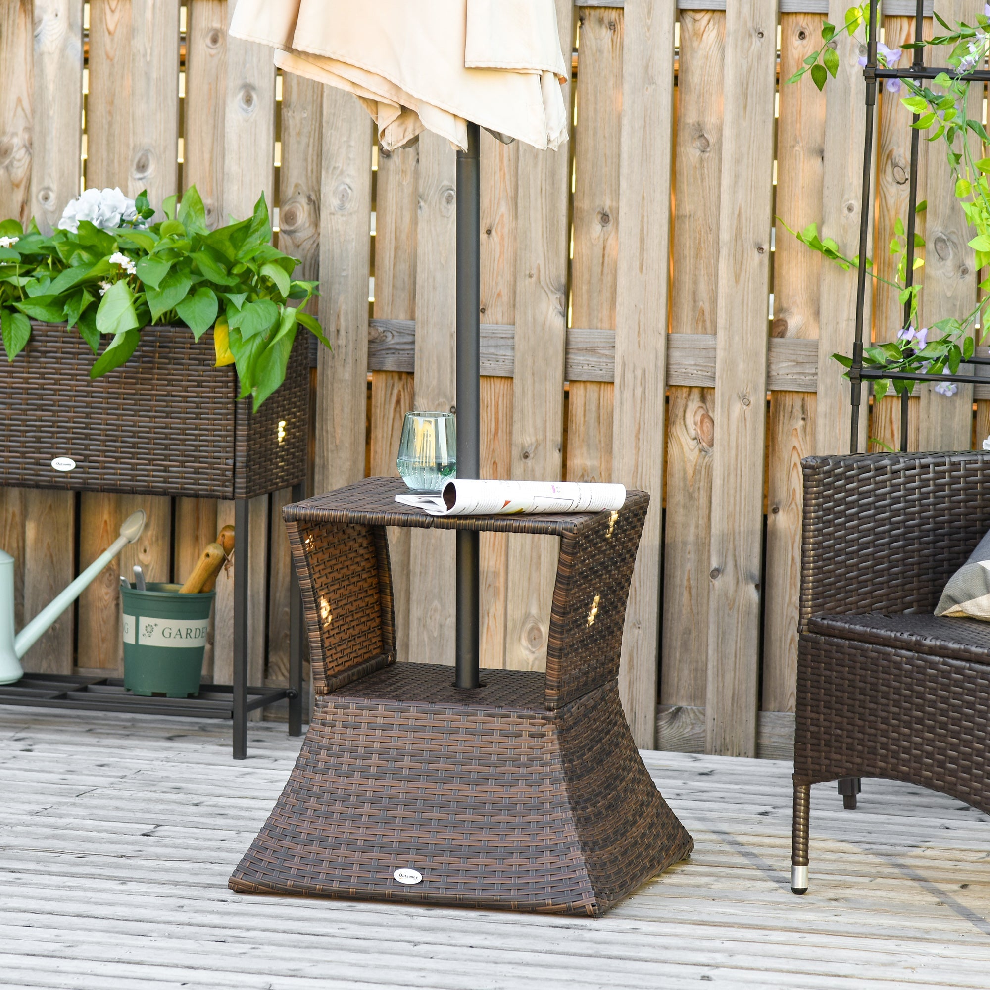Garden Table Side Table Parasol Stand 54x54x55cm Polyrattan Brown