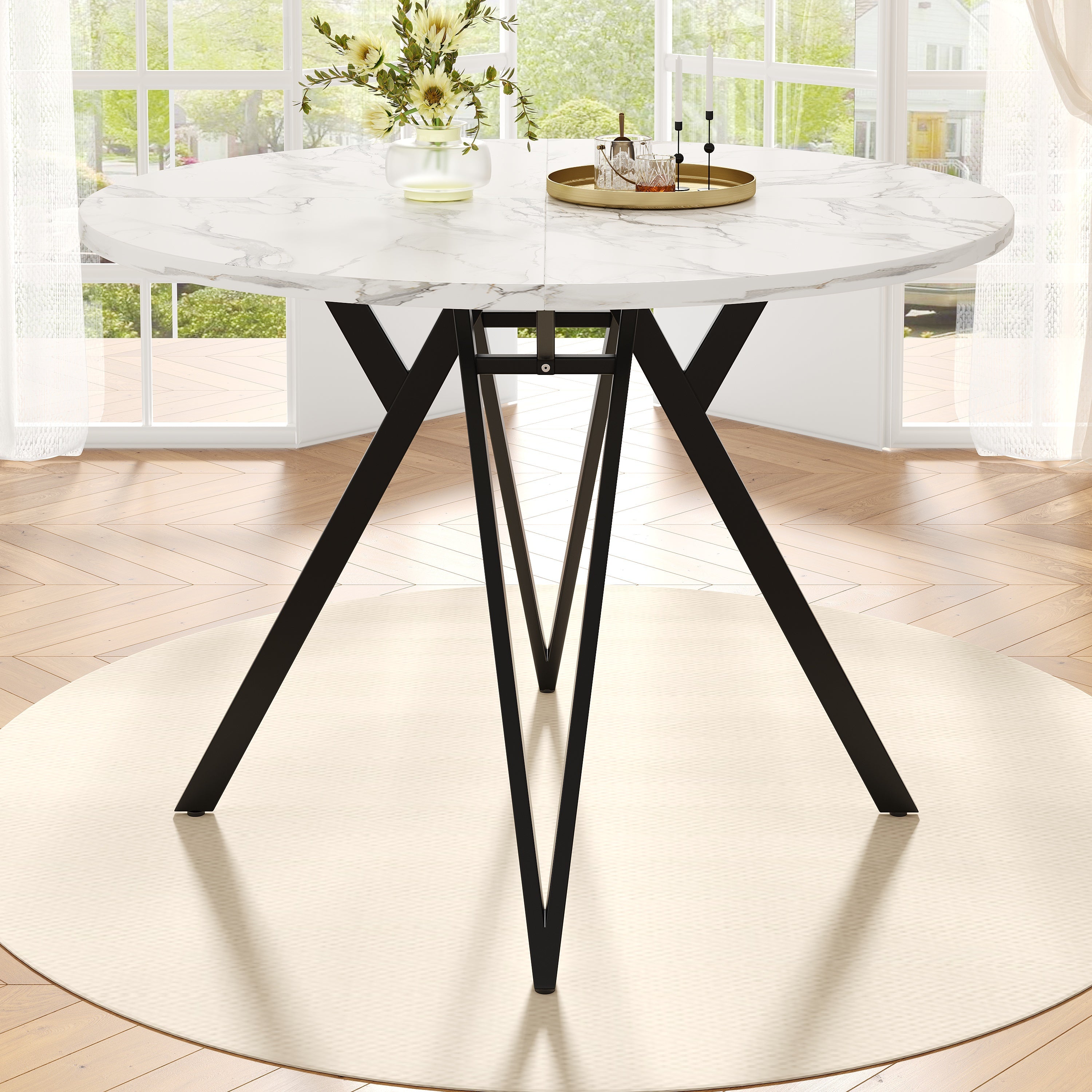 Dining Set 5-Piece Round 100cm Marble Top Black Metal Legs Grey Linen