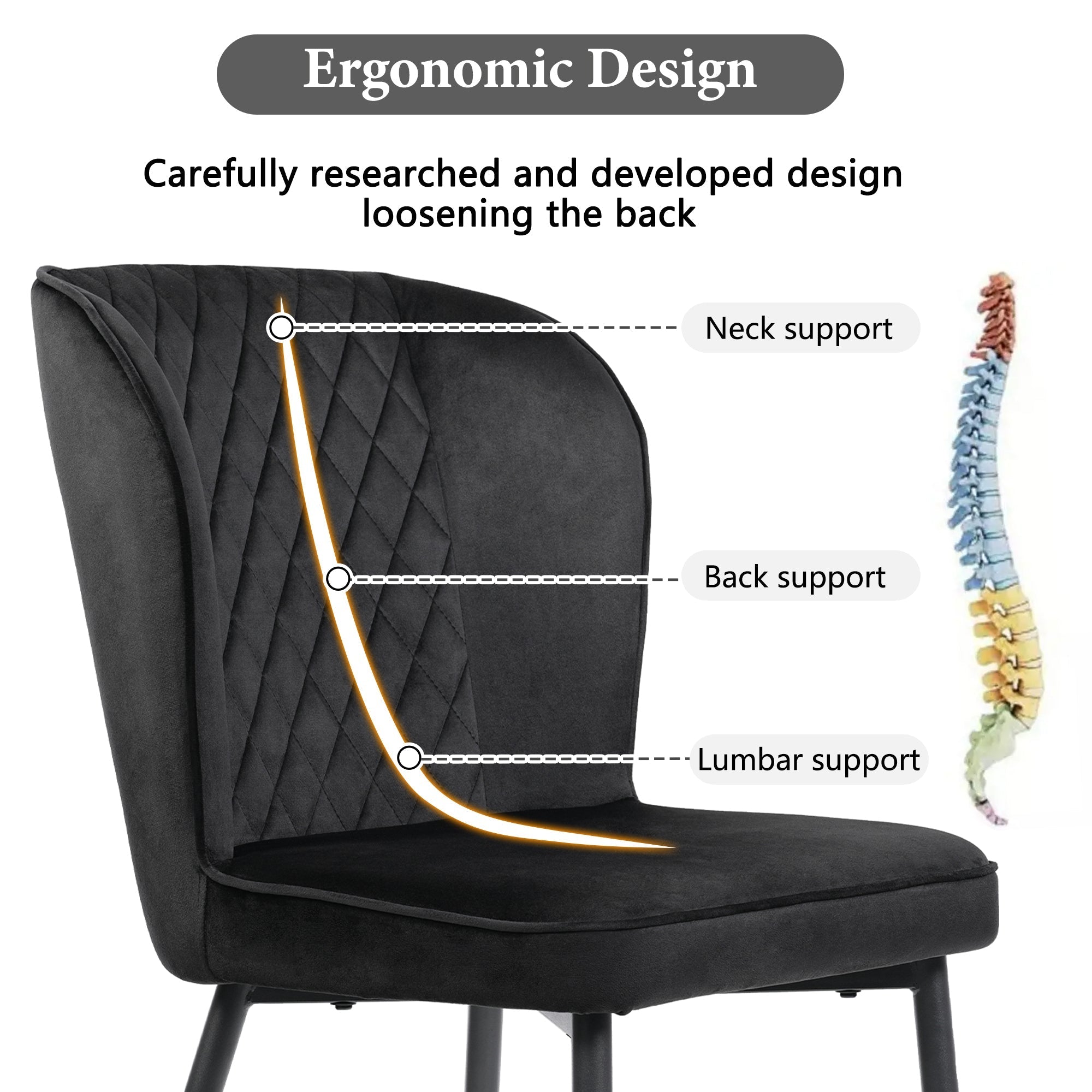 Velvet Dining Chair (2 pcs), Modern Vanity Chair with Metal Legs, Black
