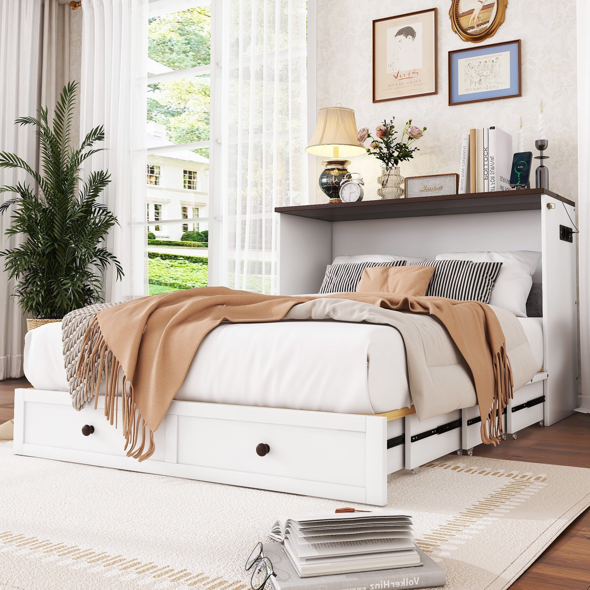 Mobile Wall Bed 140x200cm Convertible Storage Drawers Shelf USB Outlet - White