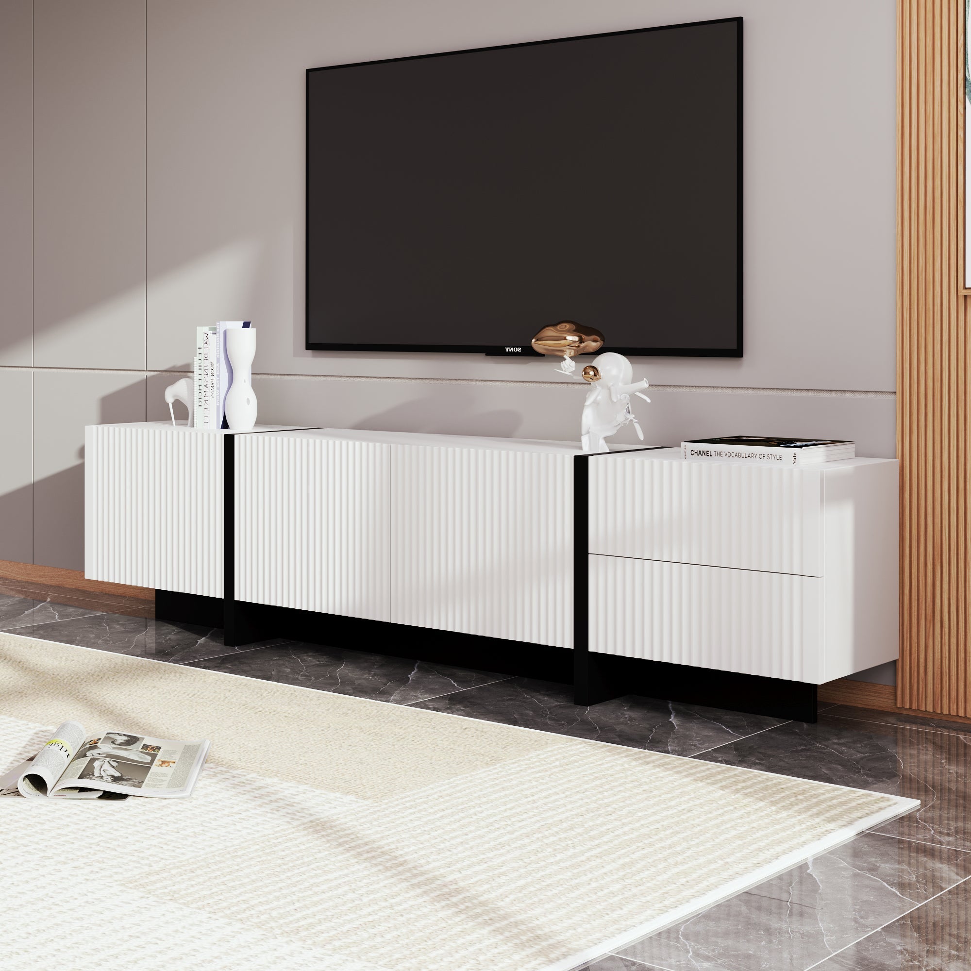 TV Cabinet, 190 cm with 3 Doors & 2 Drawers, White + Black