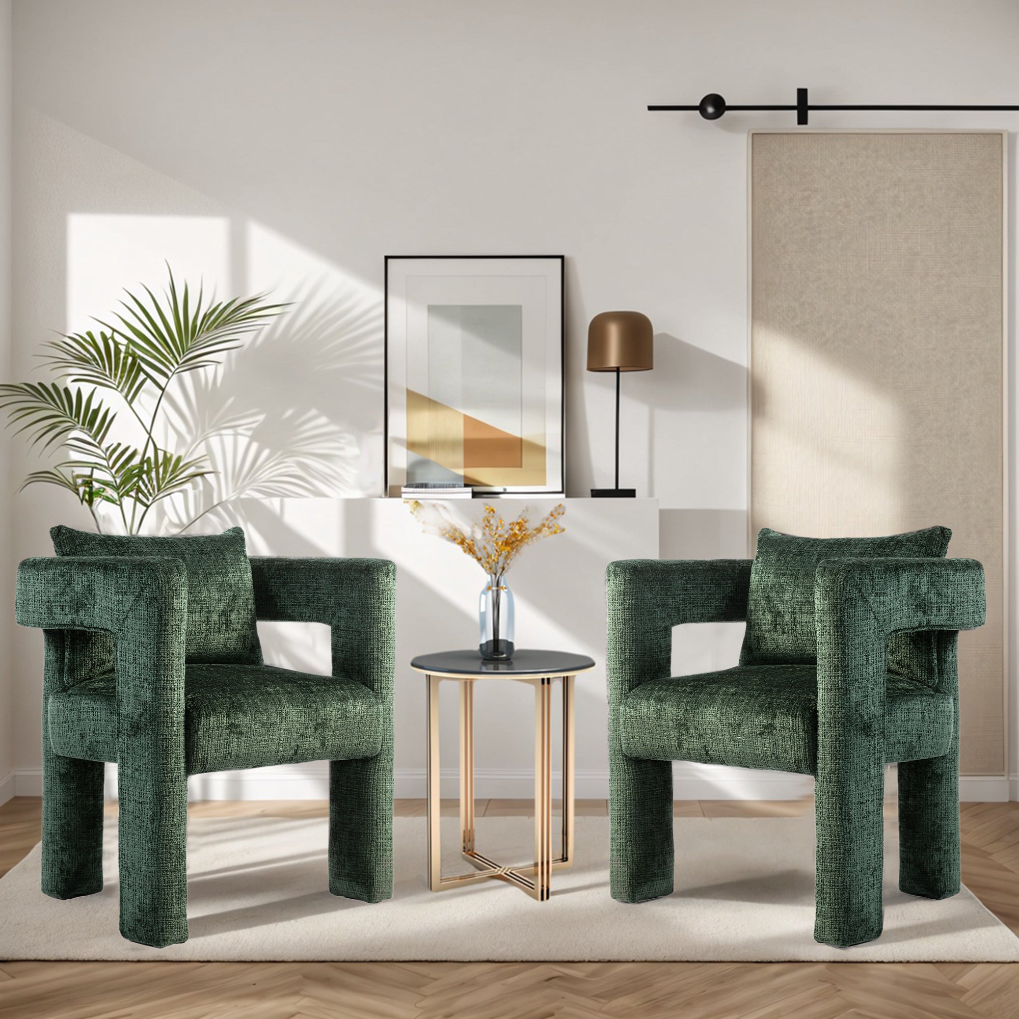 GOMYWAY Modern Chenille Lounge Chair with Hollow Armrest Design and Comfortable Cushions, Emerald (Set of 2)