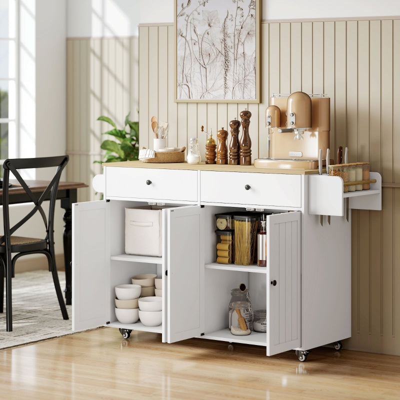 Rolling Kitchen Island 2 Drawers 2 Cabinets Spice Towel Knife Storage - White MDF