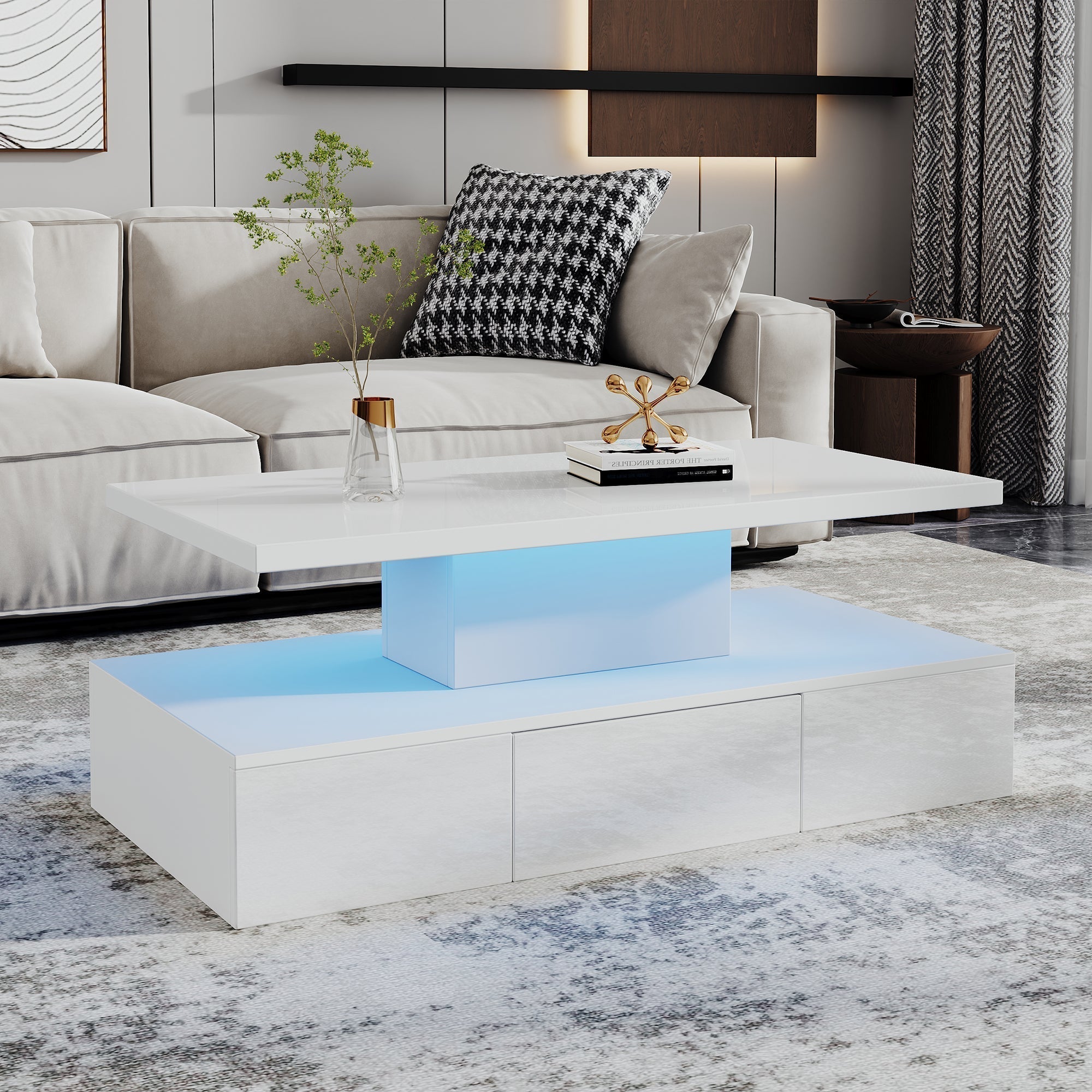Coffee Table Two-Tier LED Light Storage Drawer High-Gloss White