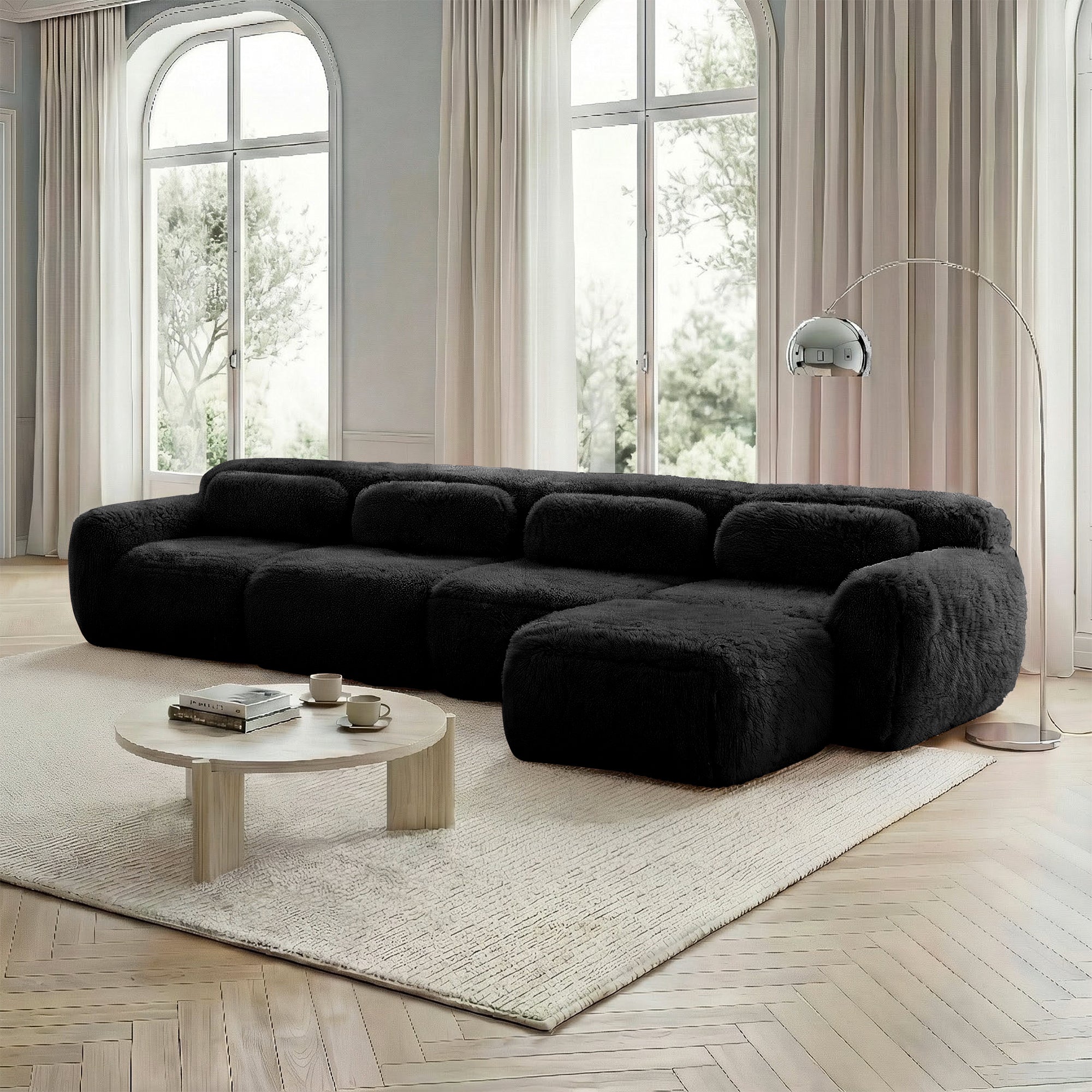 L-Shaped Sofa 4-Seater Modular Chaise No Assembly - Plush Fabric Black