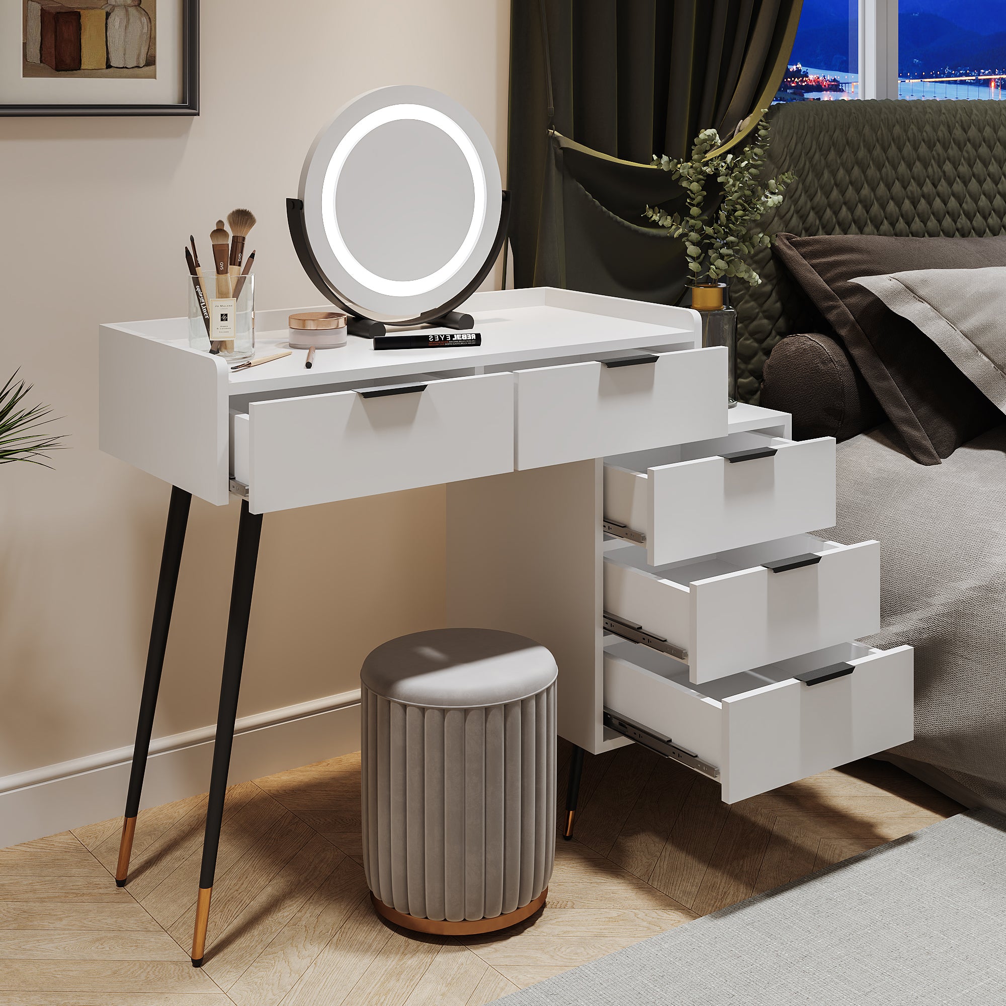 Dressing Table with Adjustable LED Mirror, 5 Drawers and Pull-out Side Cabinets, White Wood