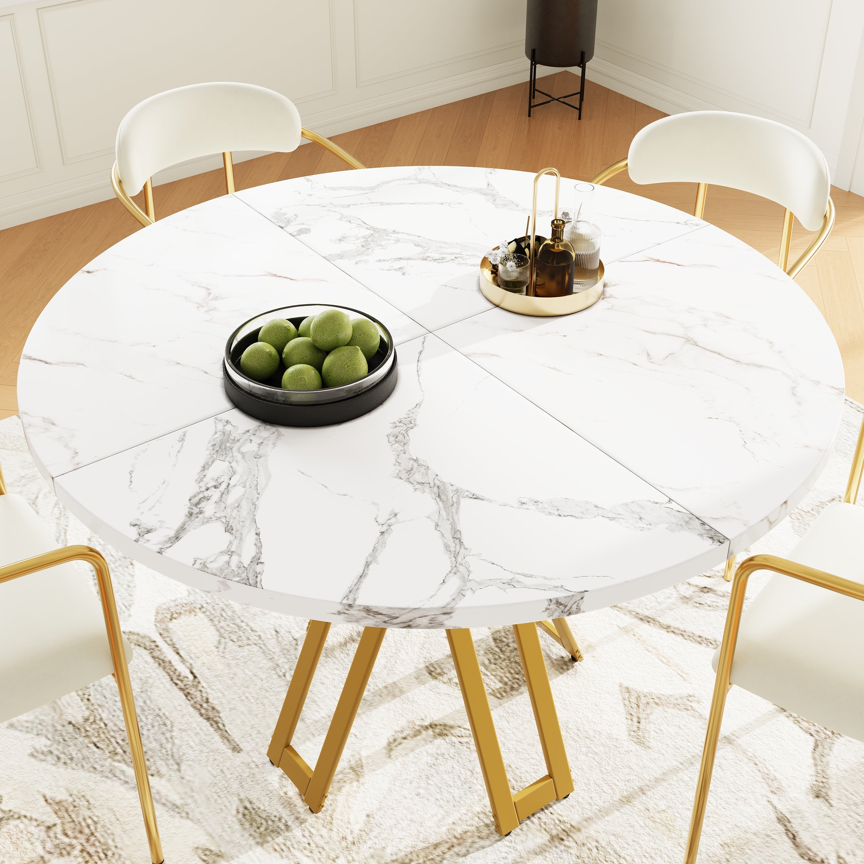 Round Dining Table 100cm 4-6 Seater Luxurious Gold Legs Marbled MDF