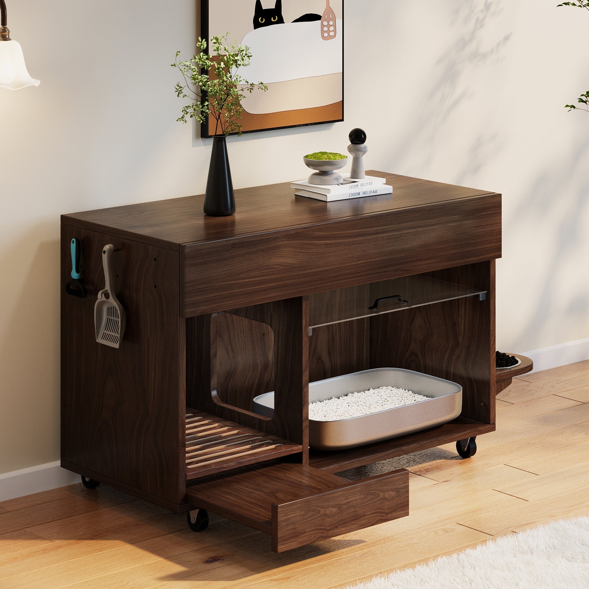 Mobile Cat Litter Box Cabinet with Food Bowls, Sand Tray, Pegboard - Walnut
