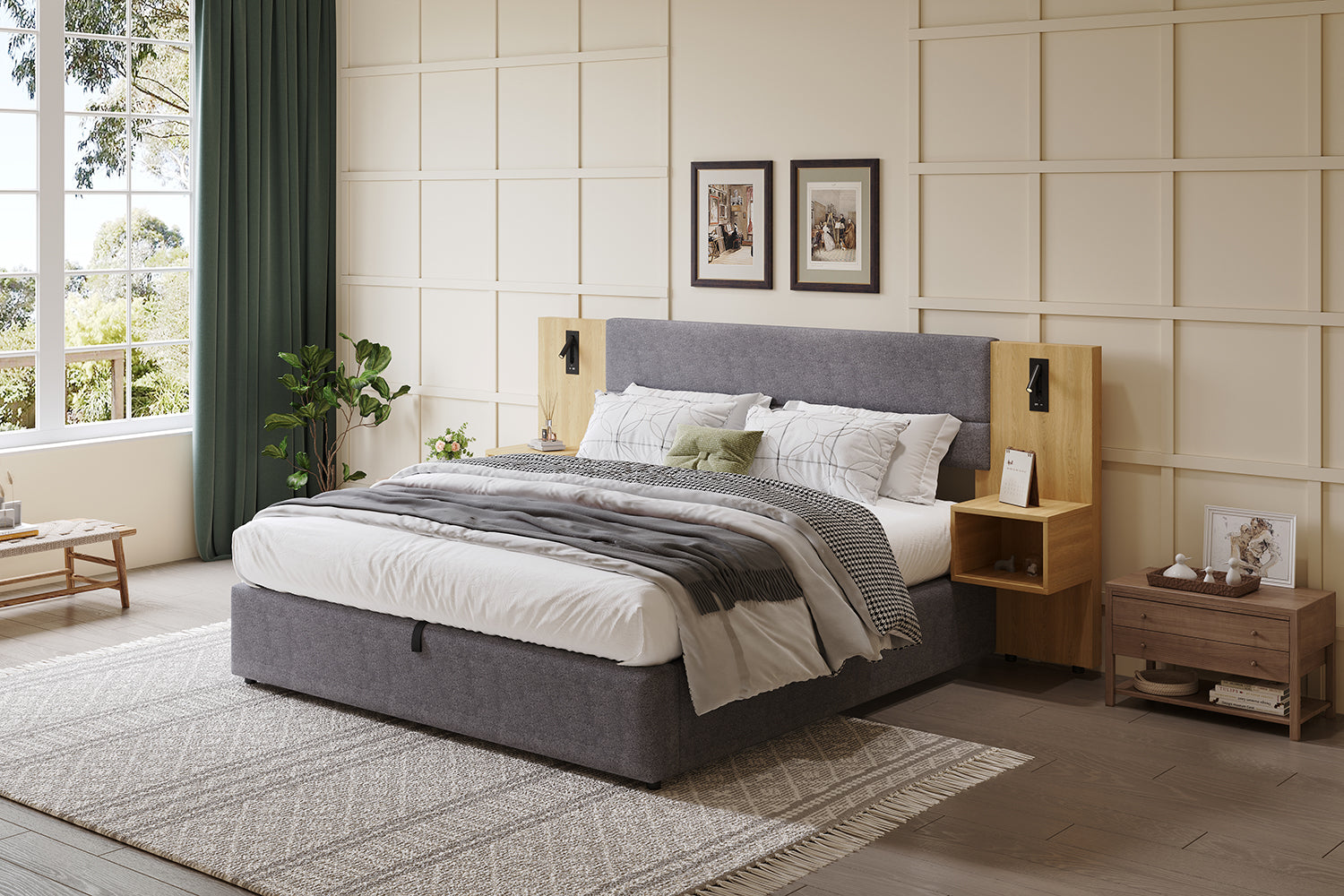 Upholstered Bed 180x200cm Hydraulic Storage USB LED 2 Bedside Tables - Velvet Grey/Natural