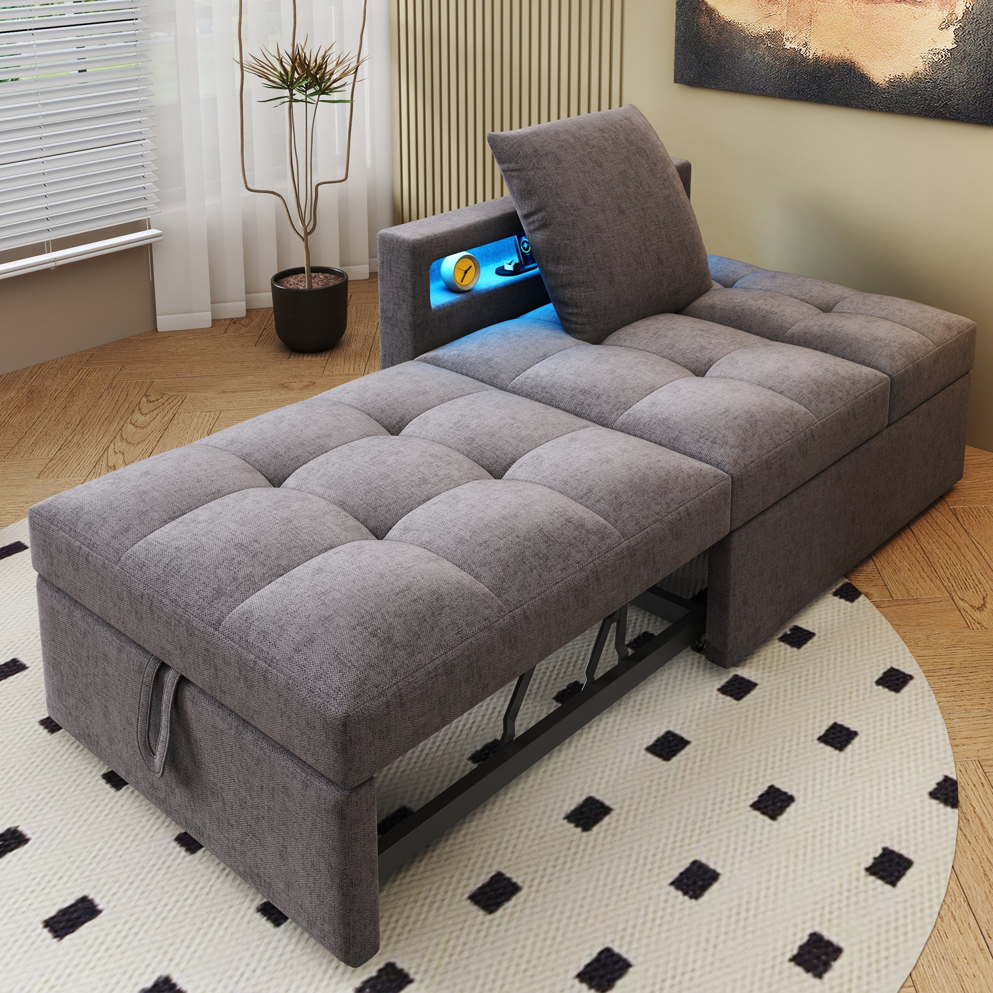 Upholstered Sleeper Sofa, 3-in-1 Multifunctional LED USB Ports, Linen Fabric