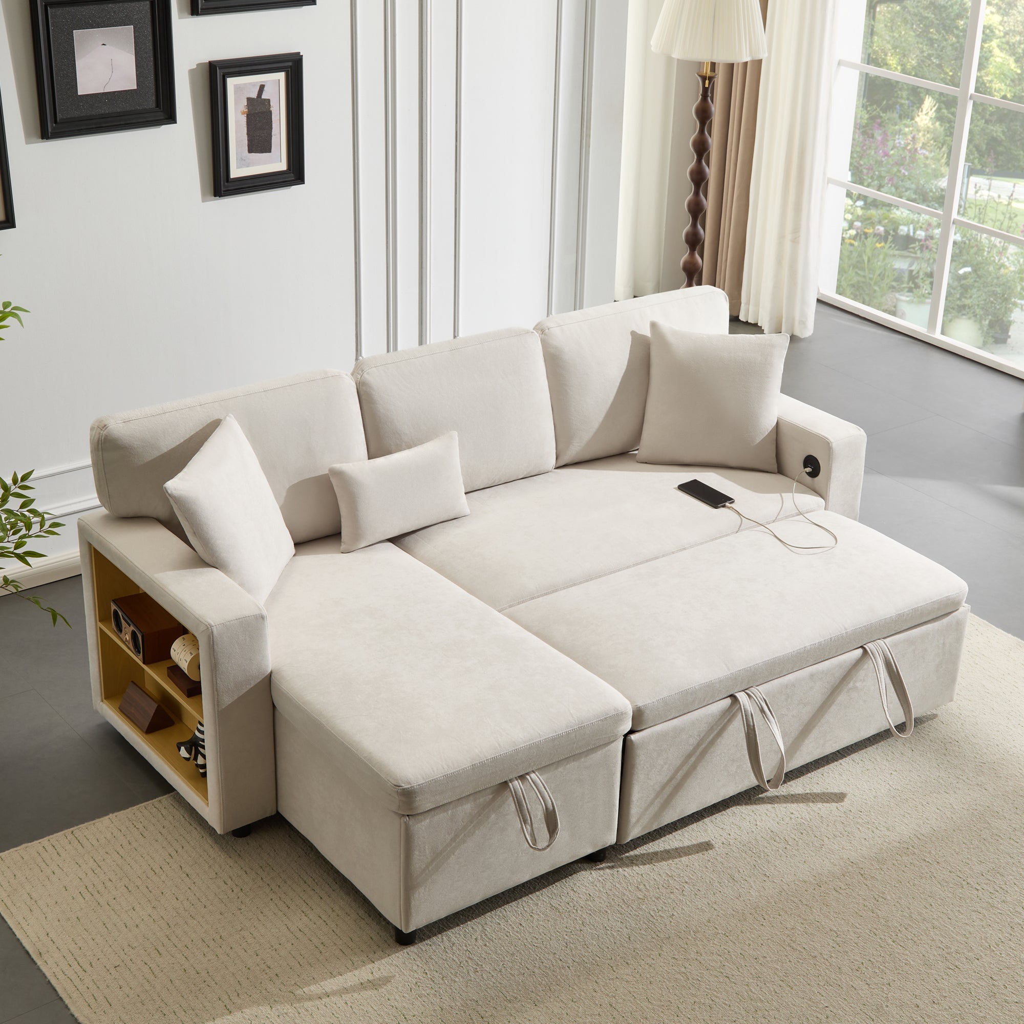 Corner Sofa Bed L-Shape Extendable Storage & Shelf - Beige