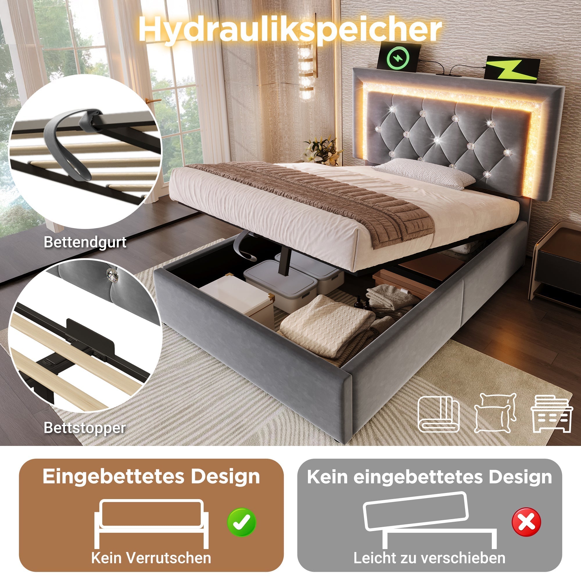 Upholstered Single Bed 90x200cm Hydraulic Storage LED USB/Type-C Charging - Velvet Grey