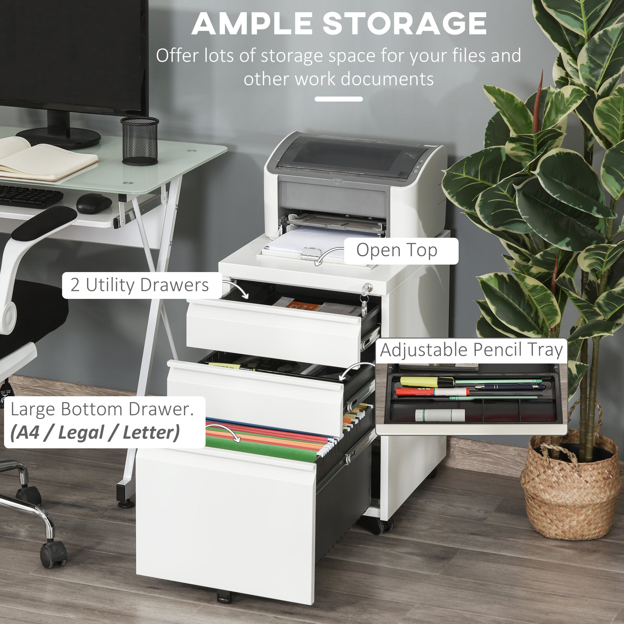 3 Drawer Filing Cabinet, Anti-tilt Mobile Storage for Letter/A4/Legal, White Metal