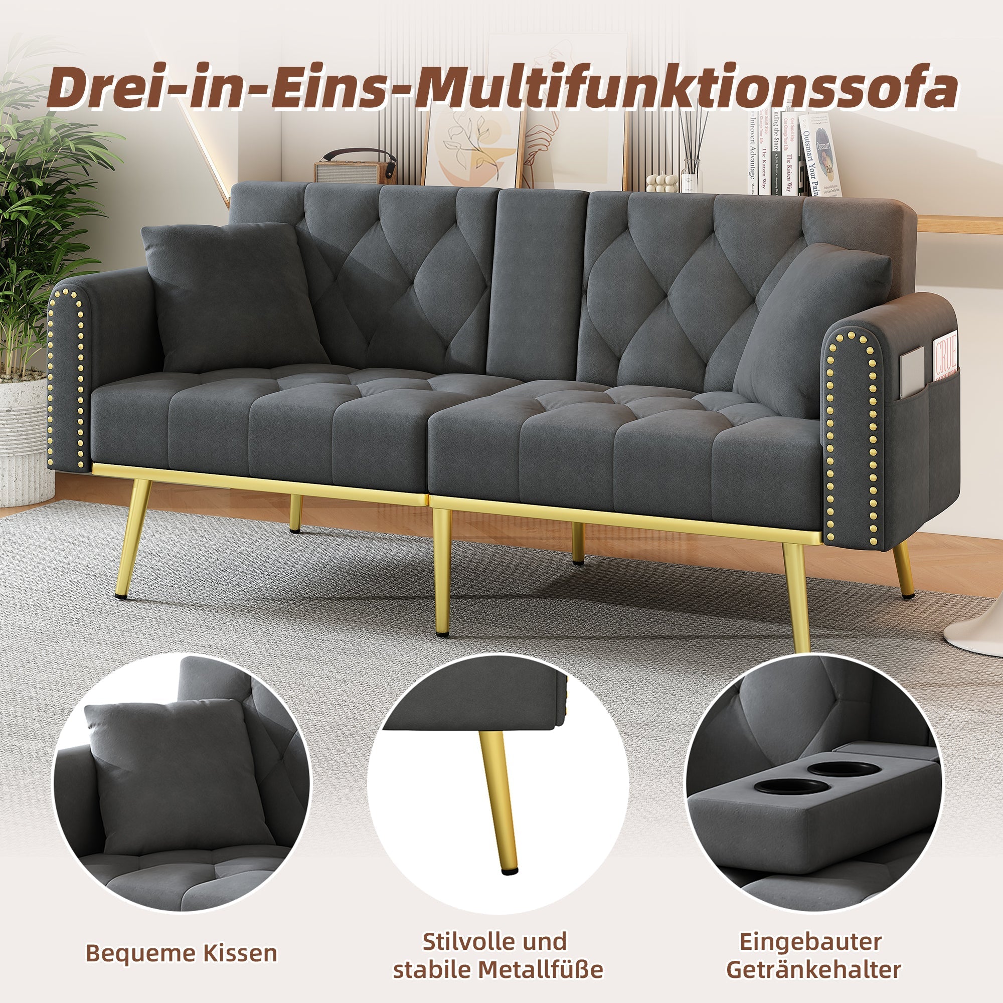 Double Fold-Out Sofa Bed Reclining 3-Position with Cup Holders Fabric Gray