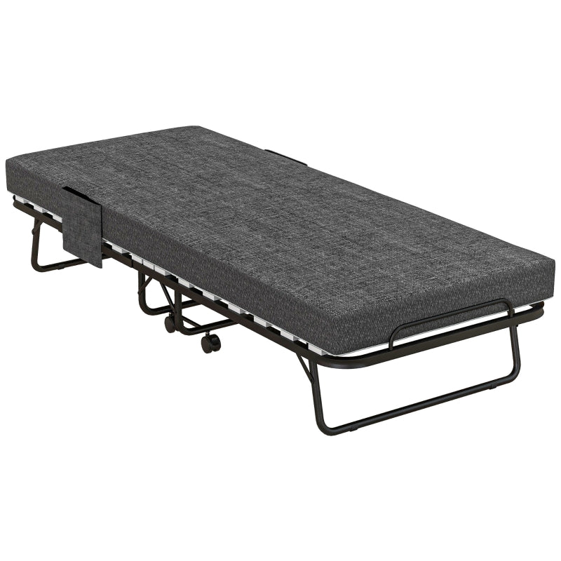 Single Folding Bed with Wheels, Steel Frame - Black/Grey