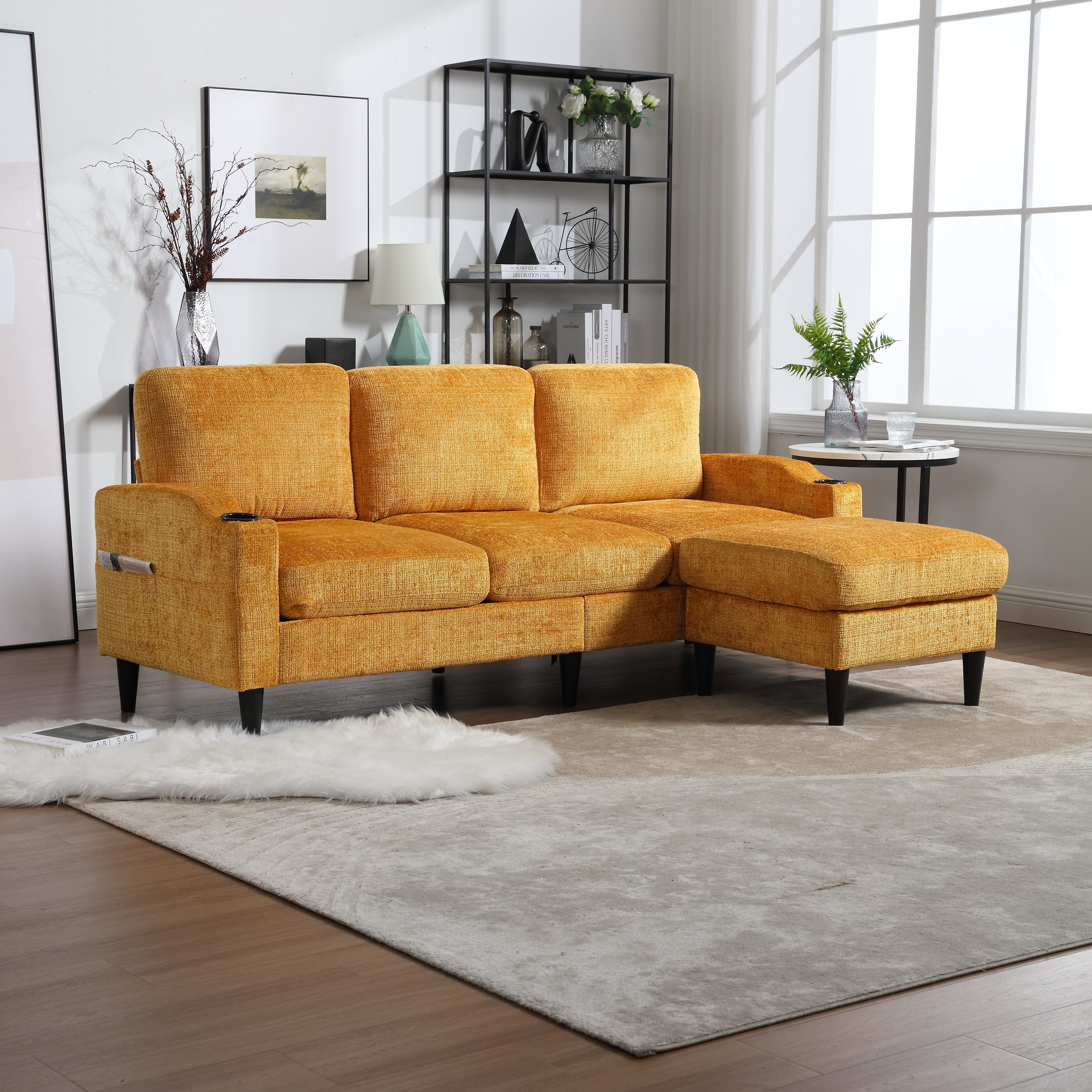 Sofa, 4-Seater with Footstool, Storage & Cupholder, Velvet