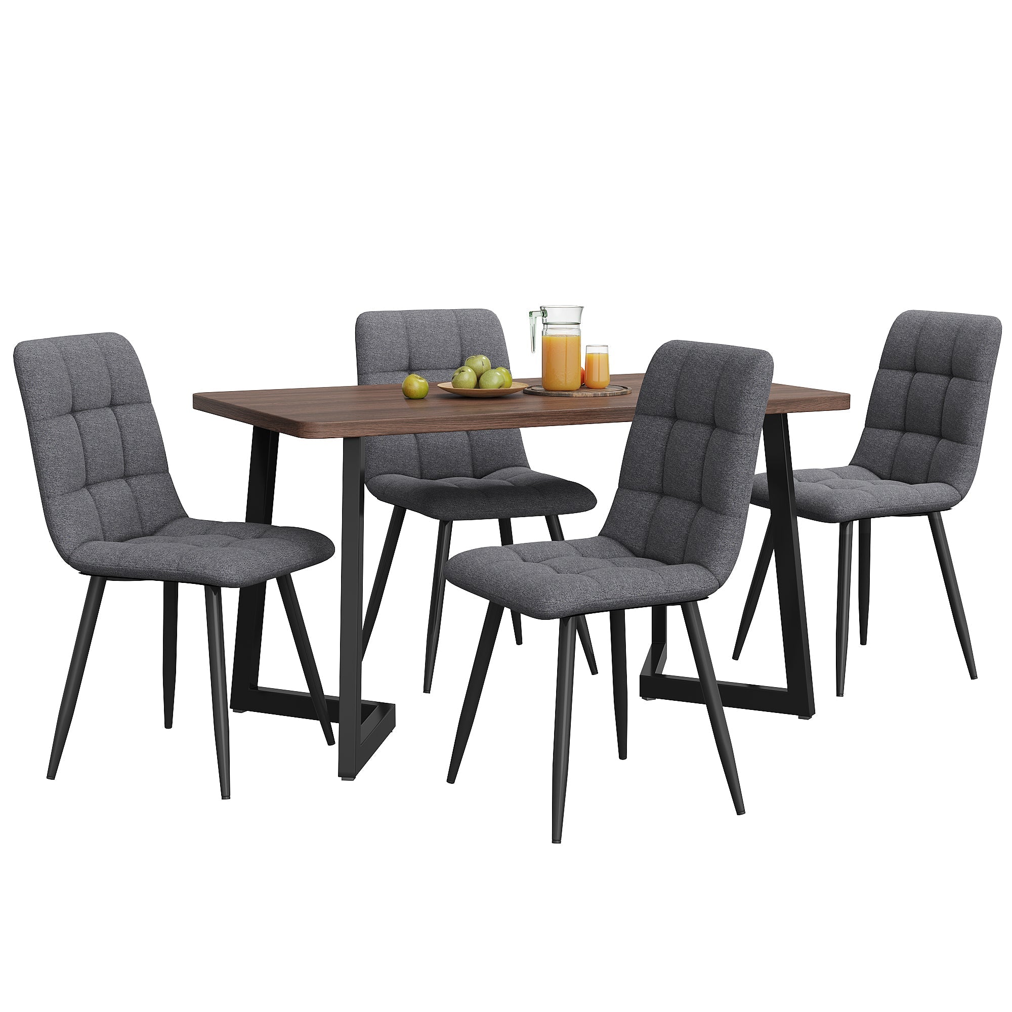 5-Piece Dining Set Modern Kitchen Table Wood Grain MDF, 4 Dark Gray Linen Chairs, Walnut/Black Metal