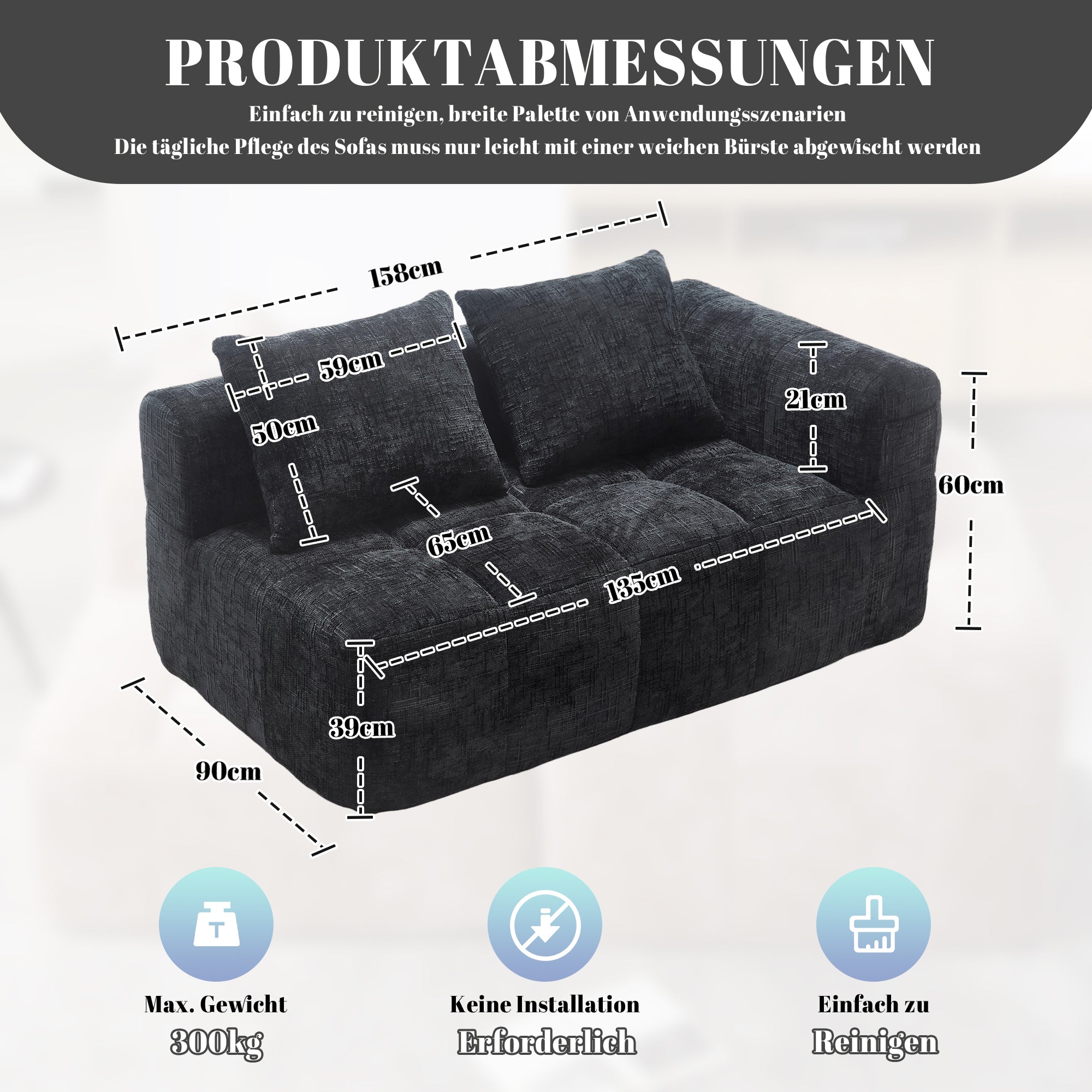 Sofa 2-Person Plush Cushion Side Pockets, No Assembly, Black