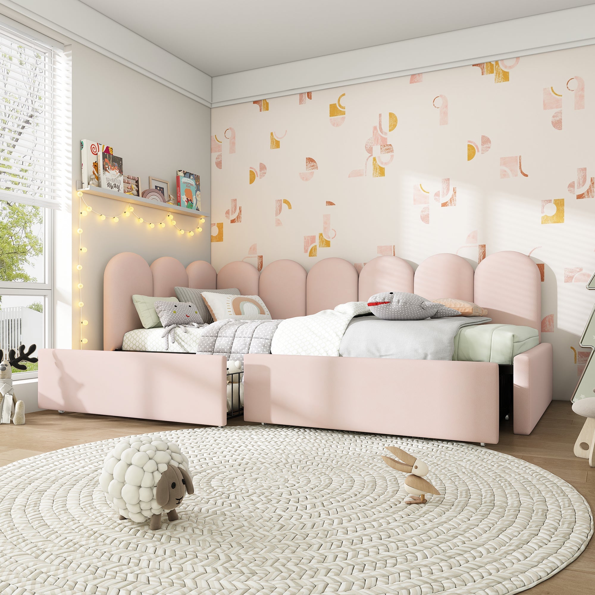 Upholstered Bed, Single with Drawers, Daybed, 90x190cm, Pink Velvet