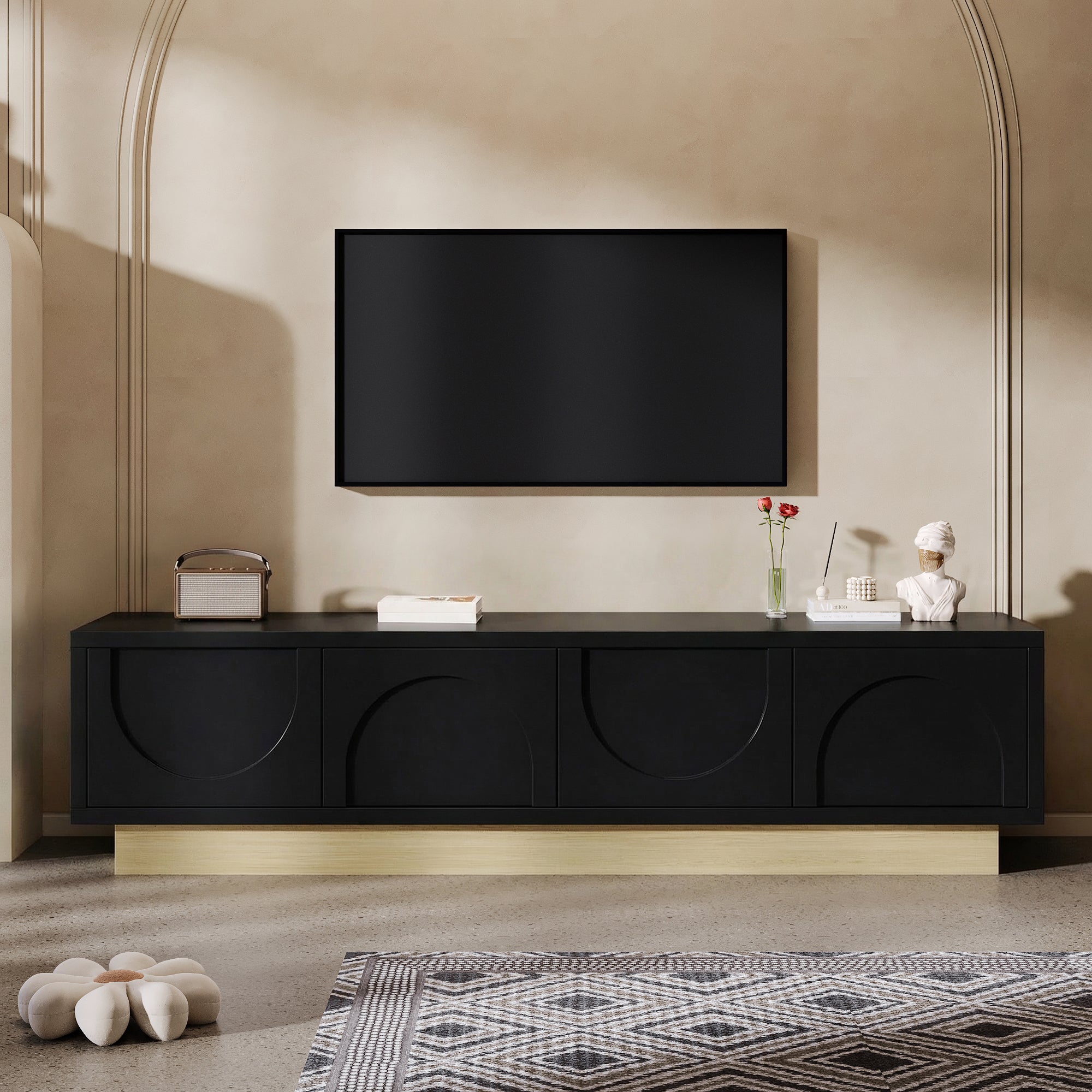 TV Stand with Storage and Cable Management, 175cm, Black Wood Grain ...