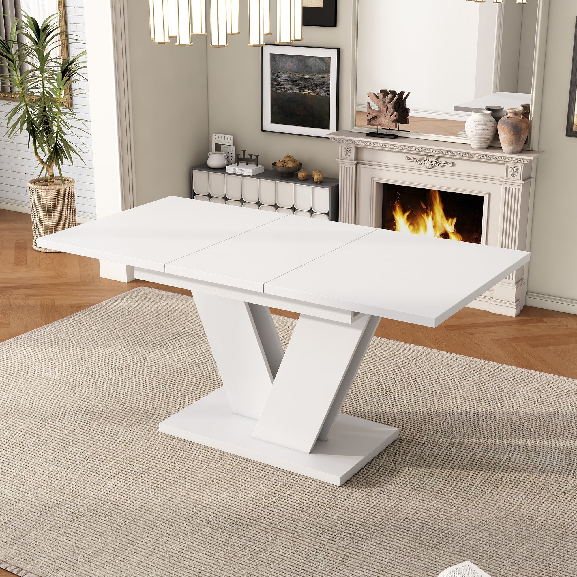 Extendable Dining Table, Rectangular V-Leg for 4-6 People, White