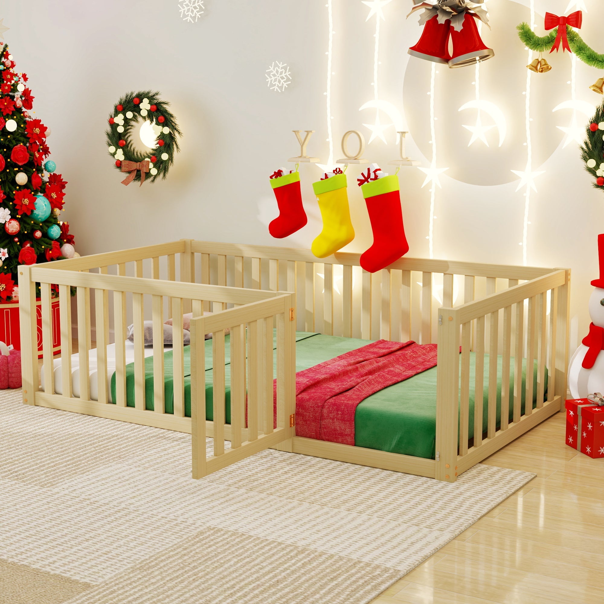 Children's bed 90 x 200, floor bed frame with fence and door, wood