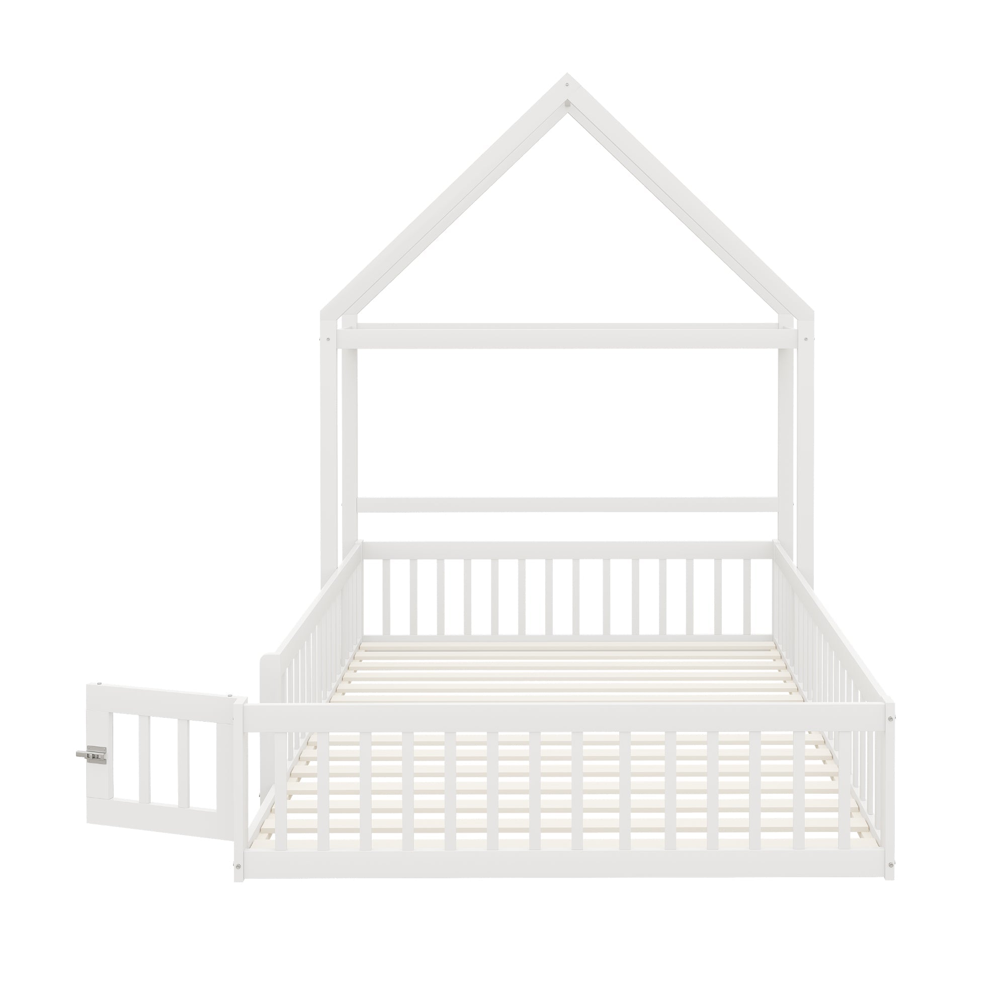 Children's Bed 140x200, Solid Wood Frame with Storage & Safety Gate, White