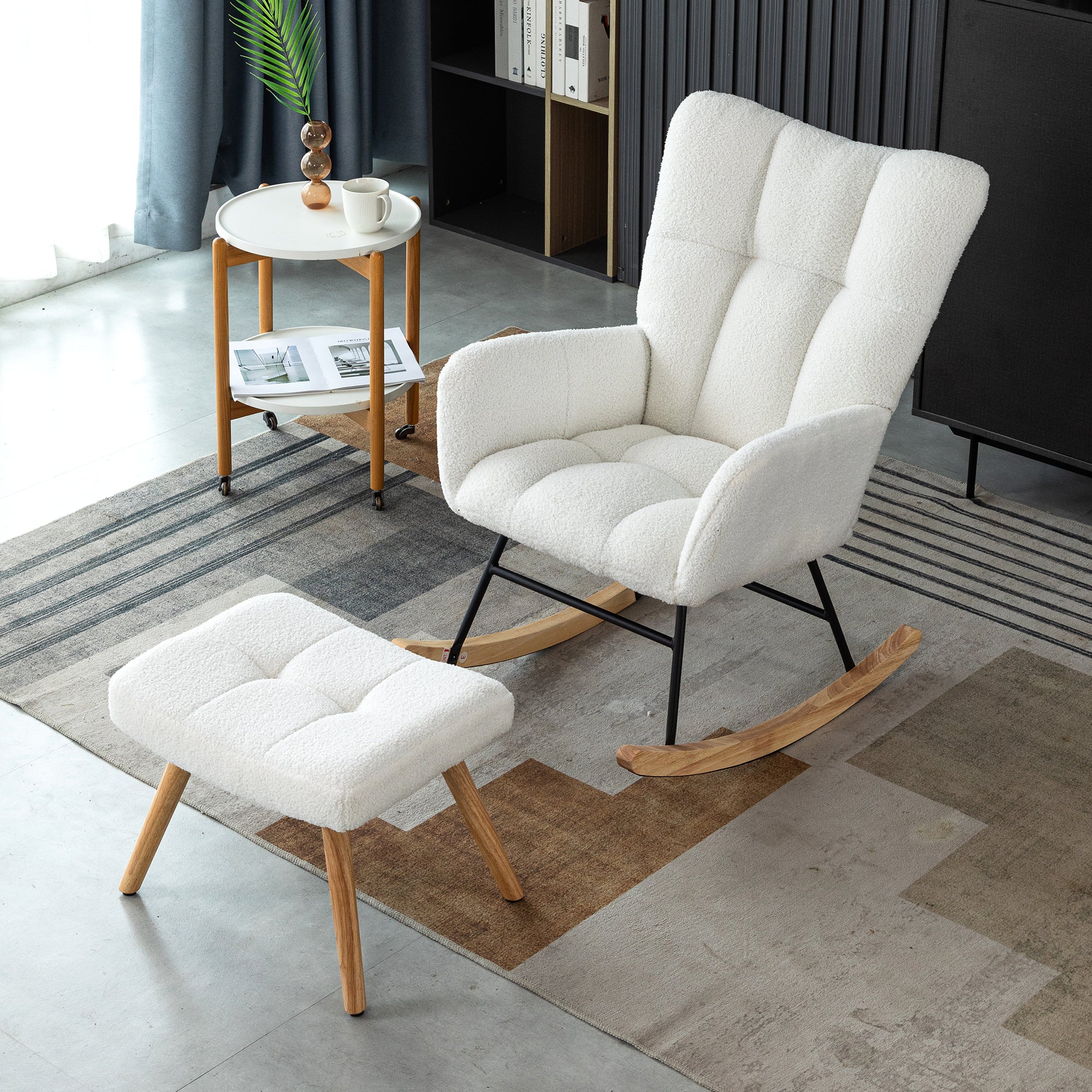 Ergonomic Rocking Chair with Footstool, Rubber Wood Frame, White