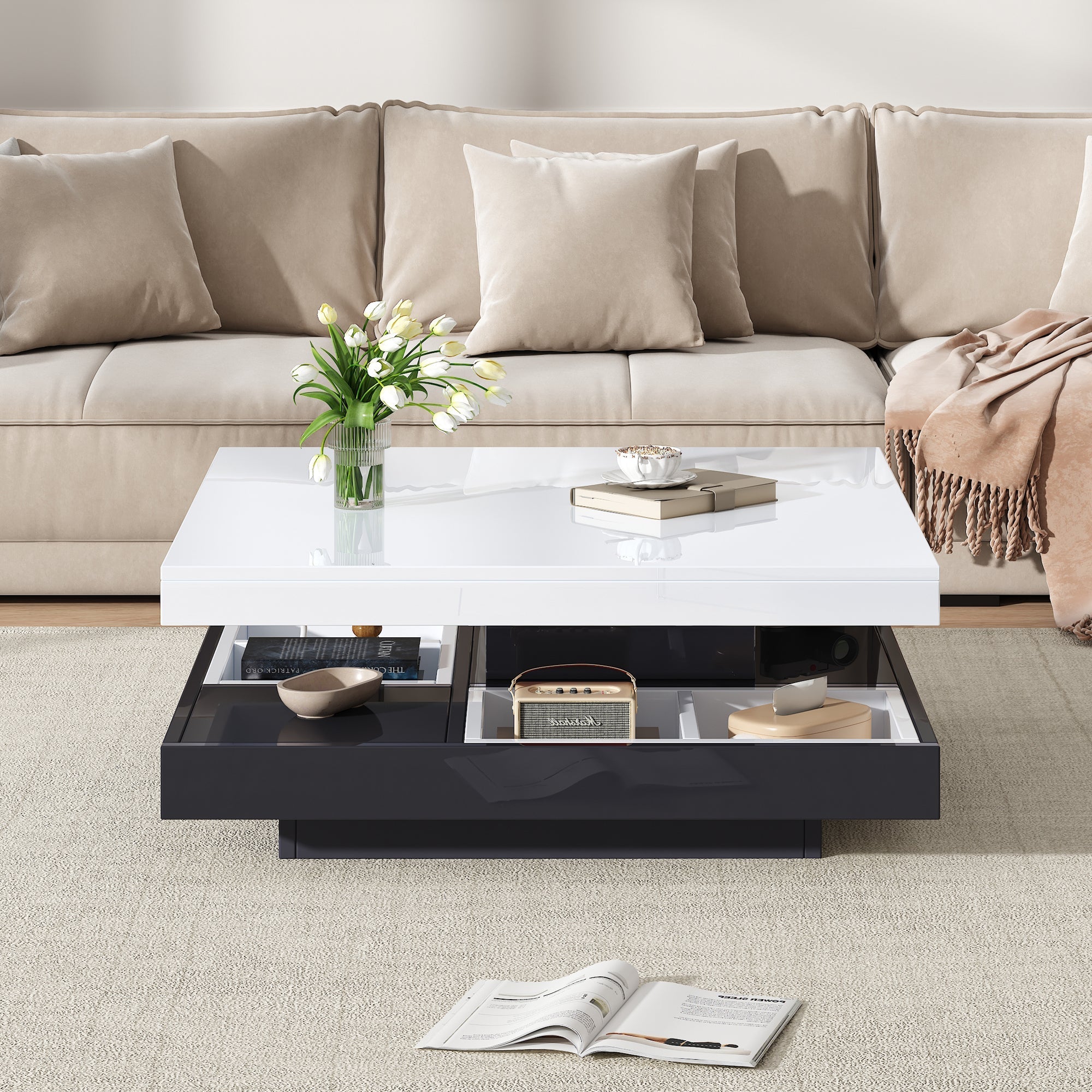 High-gloss tabletop coffee table, 360° rotatable, 2-tier with storage, white and black
