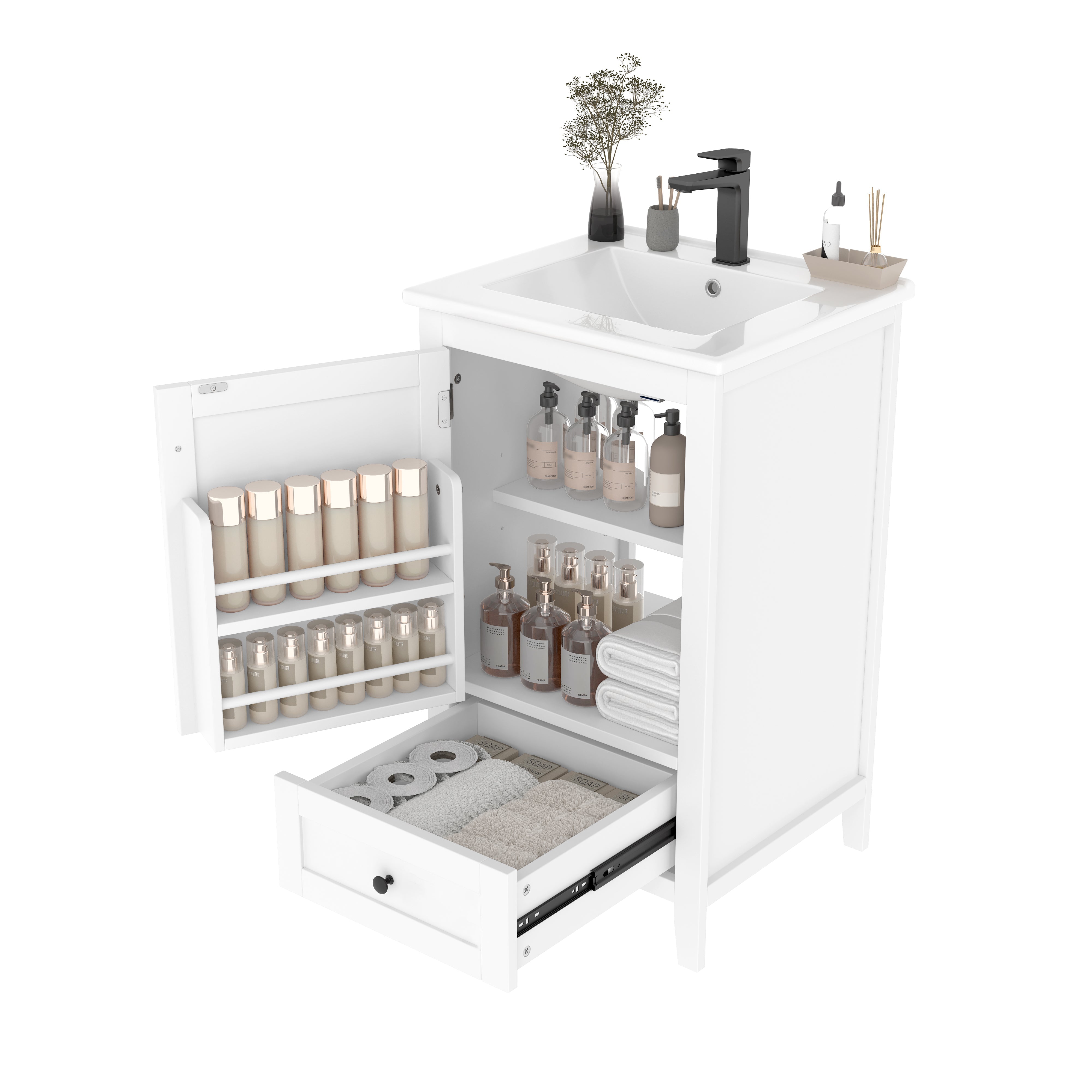 Floor-standing Bathroom Cabinet with Ceramic Sink and Storage Drawer, White