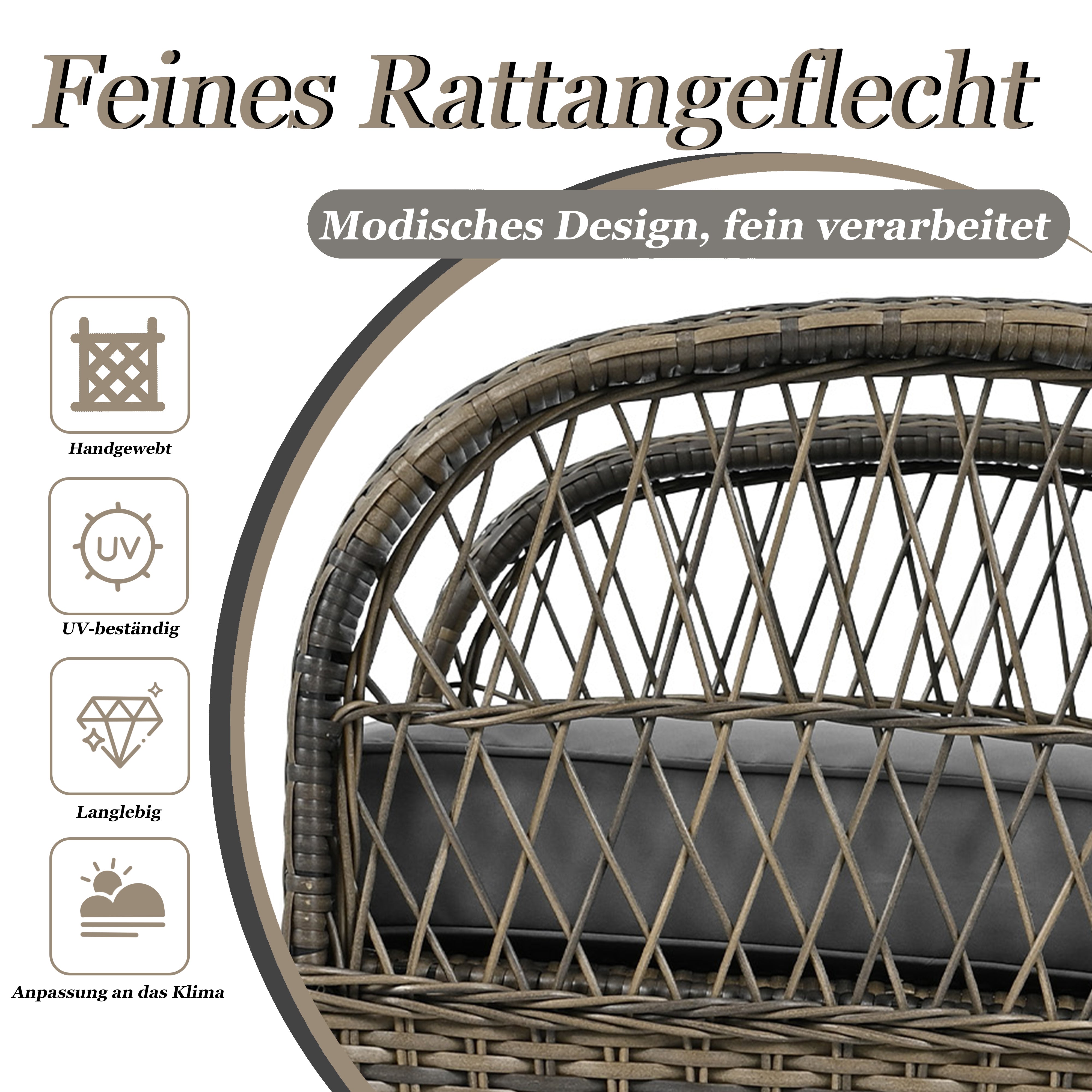 Rattan Balcony Set 3-Piece 160 kg Load Capacity, Grey Cushion